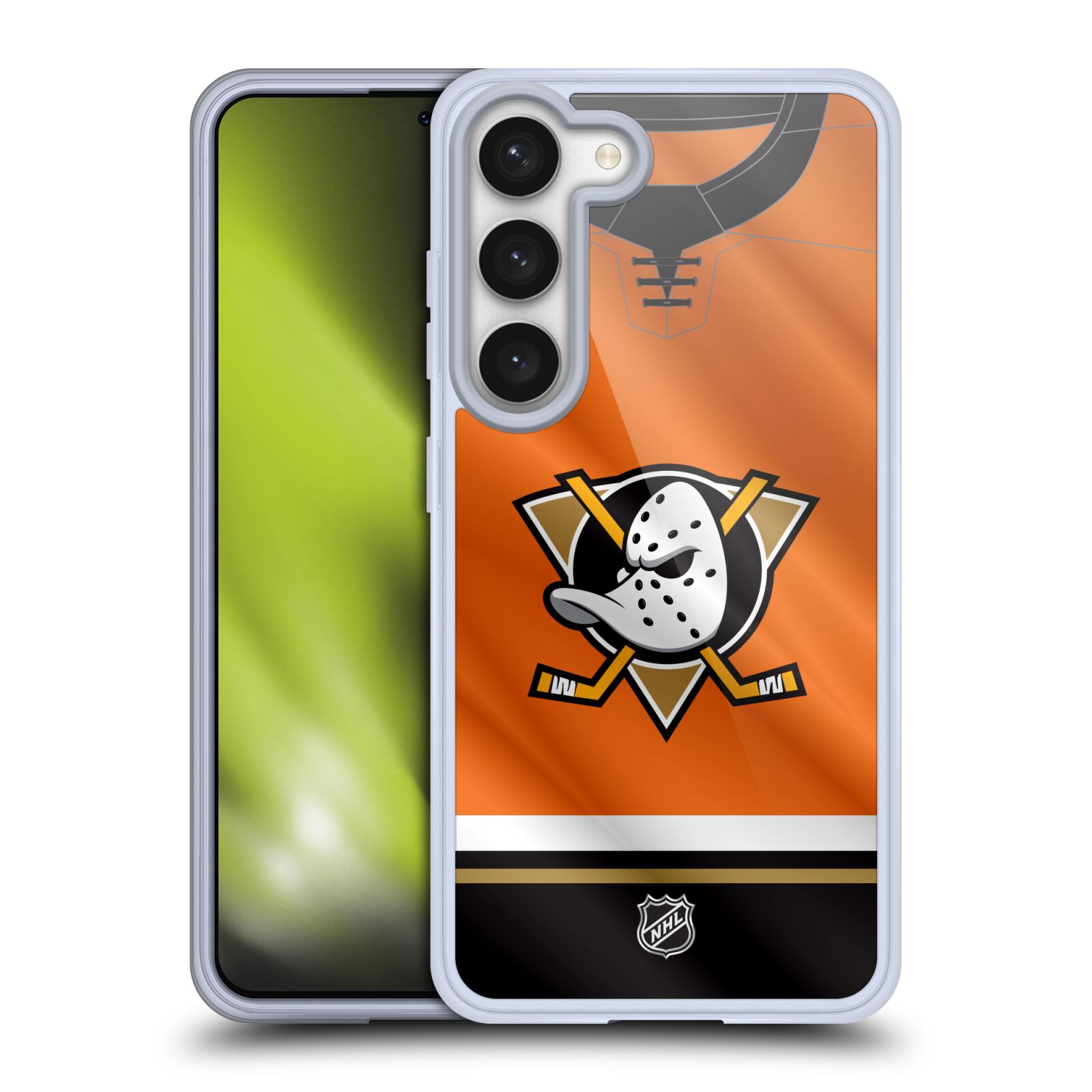 Silikonové pouzdro na mobil Samsung Galaxy S23 - NHL - Dres Anaheim Ducks (Silikonový kryt, obal, pouzdro na mobilní telefon Samsung Galaxy S23 s licencovaným motivem NHL - Dres Anaheim Ducks)