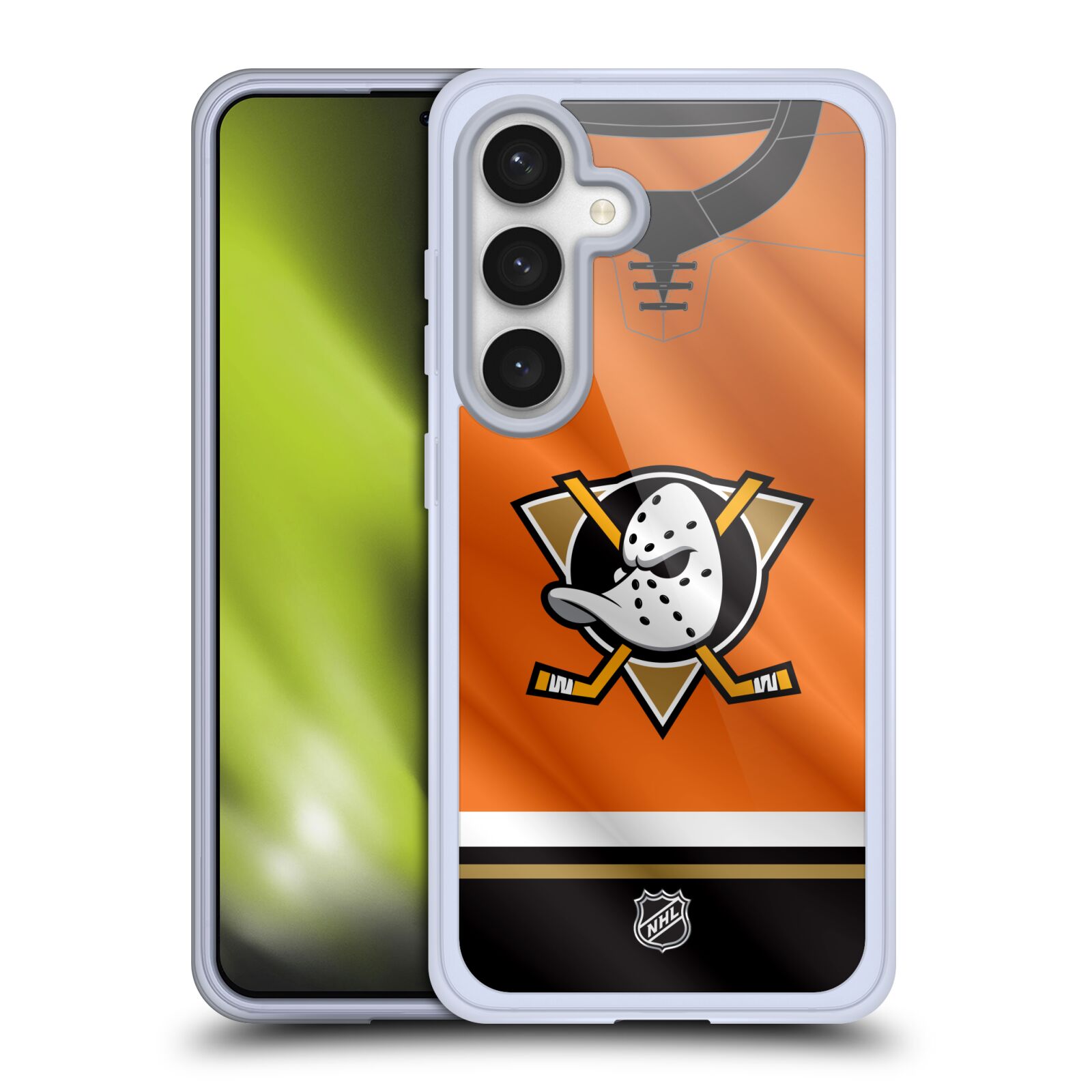 Silikonové lesklé pouzdro na mobil Samsung Galaxy S24 - NHL - Dres Anaheim Ducks (Silikonový kryt, obal, pouzdro na mobilní telefon Samsung Galaxy S24 s licencovaným motivem NHL - Dres Anaheim Ducks)