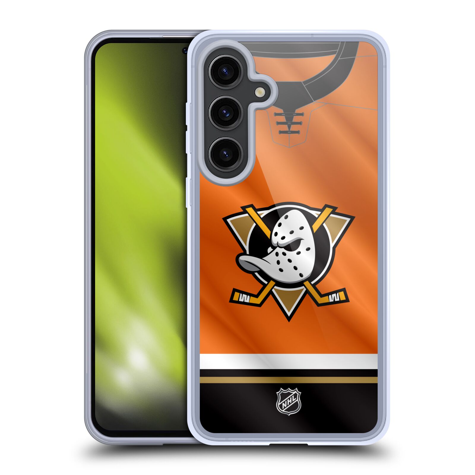 Silikonové lesklé pouzdro na mobil Samsung Galaxy S24 Plus - NHL - Dres Anaheim Ducks (Silikonový kryt, obal, pouzdro na mobilní telefon Samsung Galaxy S24 Plus s licencovaným motivem NHL - Dres Anaheim Ducks)