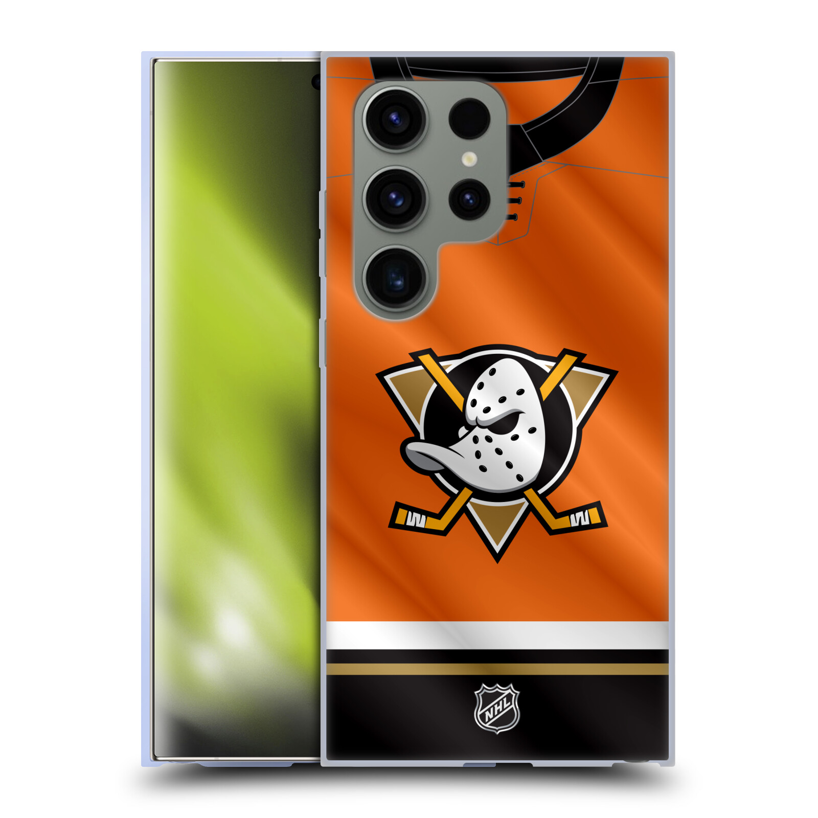 Silikonové lesklé pouzdro na mobil Samsung Galaxy S24 Ultra - NHL - Dres Anaheim Ducks (Silikonový kryt, obal, pouzdro na mobilní telefon Samsung Galaxy S24 Ultra s licencovaným motivem NHL - Dres Anaheim Ducks)