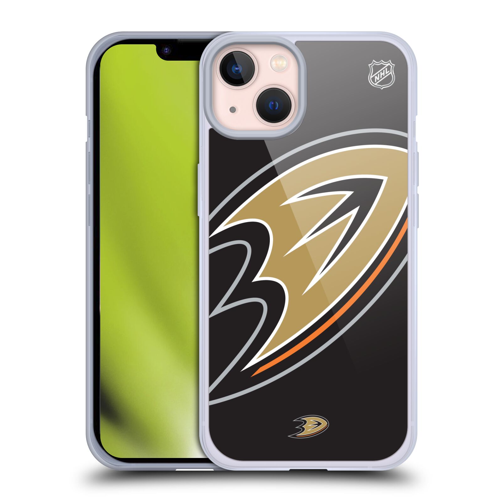 Silikonové pouzdro na mobil Apple iPhone 13 - NHL - Velké logo Anaheim Ducks (Silikonový kryt, obal, pouzdro na mobilní telefon Apple iPhone 13 s licencovaným motivem NHL - Velké logo Anaheim Ducks)