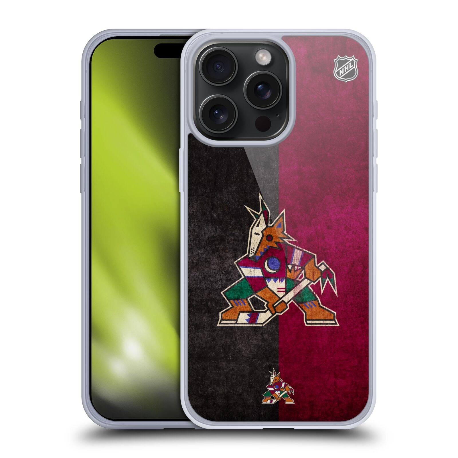 Silikonové lesklé pouzdro na mobil Apple iPhone 15 Pro Max - NHL - Půlené logo Arizona Coyotes (Silikonový lesklý kryt, obal, pouzdro na mobilní telefon Apple iPhone 15 Pro Max s licencovaným motivem NHL - Půlené logo Arizona Coyotes)
