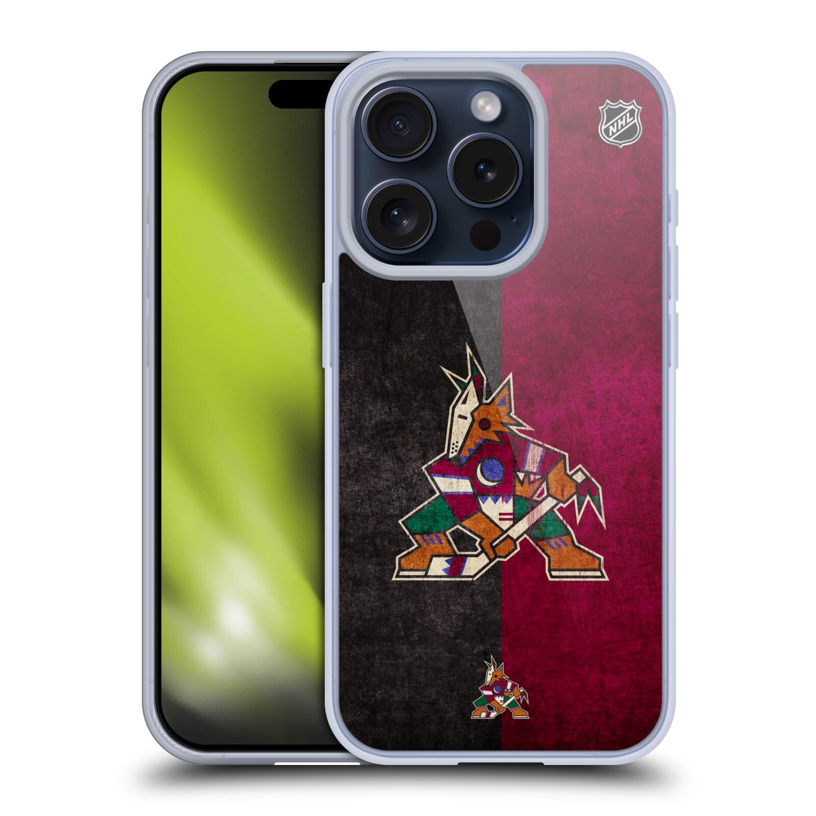 Silikonové lesklé pouzdro na mobil Apple iPhone 15 Pro - NHL - Půlené logo Arizona Coyotes (Silikonový lesklý kryt, obal, pouzdro na mobilní telefon Apple iPhone 15 Pro s licencovaným motivem NHL - Půlené logo Arizona Coyotes)