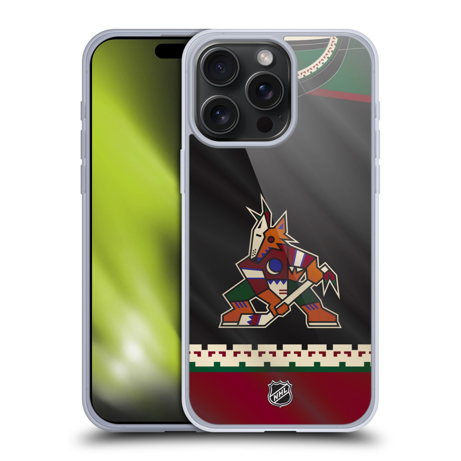 Silikonové lesklé pouzdro na mobil Apple iPhone 15 Pro Max - NHL - Dres Arizona Coyotes (Silikonový lesklý kryt, obal, pouzdro na mobilní telefon Apple iPhone 15 Pro Max s licencovaným motivem NHL - Dres Arizona Coyotes)