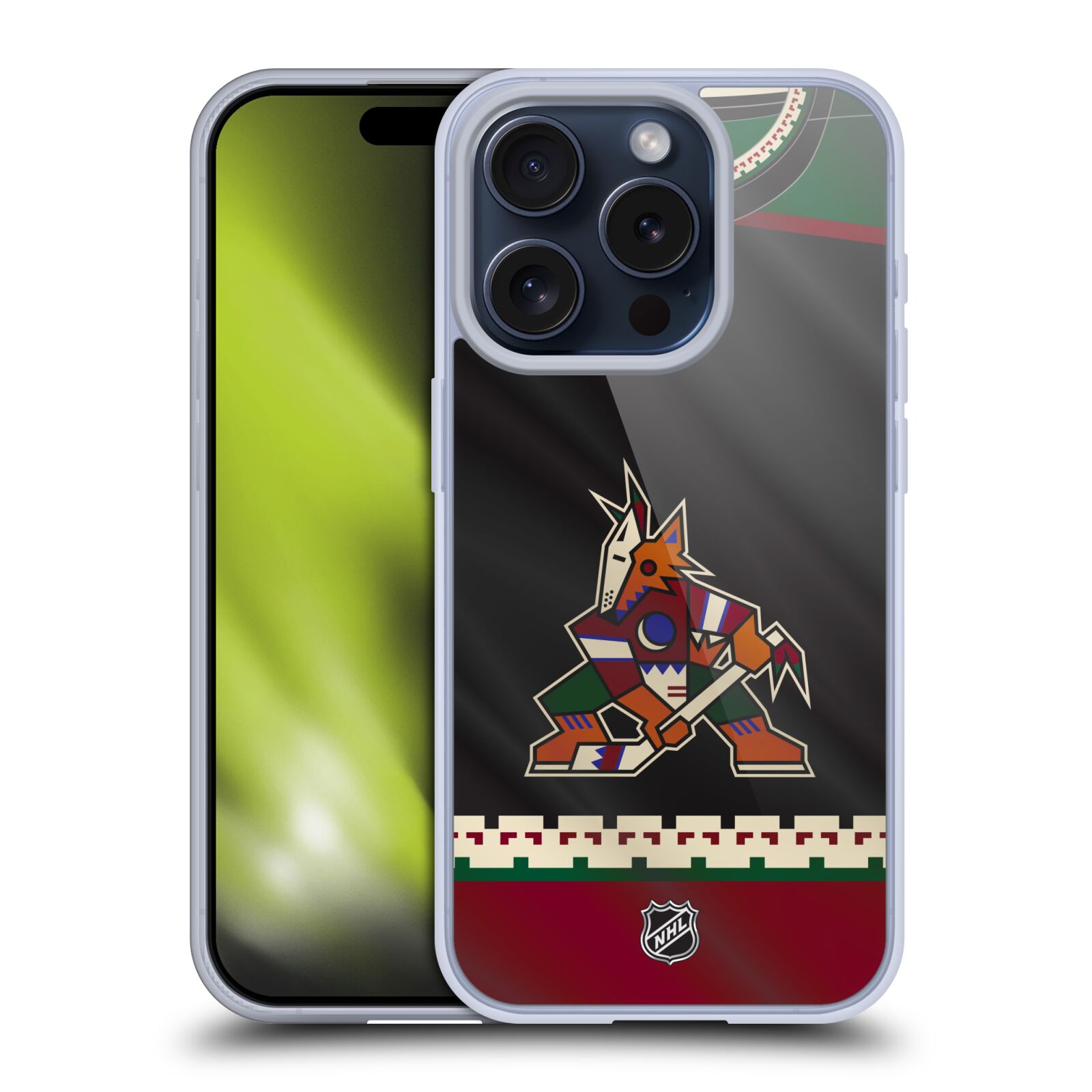 Silikonové lesklé pouzdro na mobil Apple iPhone 15 Pro - NHL - Dres Arizona Coyotes (Silikonový lesklý kryt, obal, pouzdro na mobilní telefon Apple iPhone 15 Pro s licencovaným motivem NHL - Dres Arizona Coyotes)