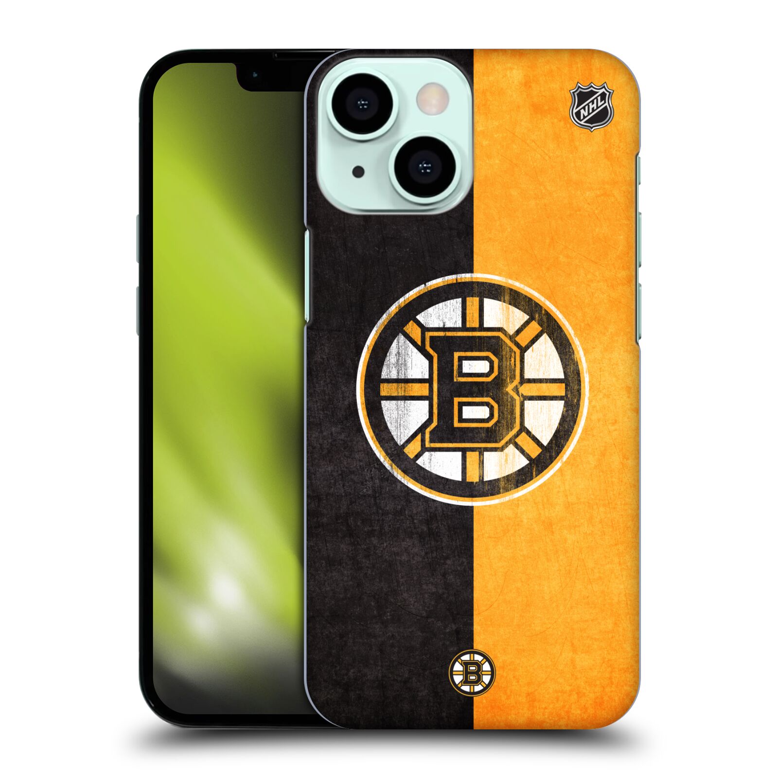 Plastové pouzdro na mobil Apple iPhone 13 Mini - NHL - Půlené logo Boston Bruins (Plastový kryt, pouzdro, obal na mobilní telefon Apple iPhone 13 Mini s licencovaným motivem NHL - Půlené logo Boston Bruins)