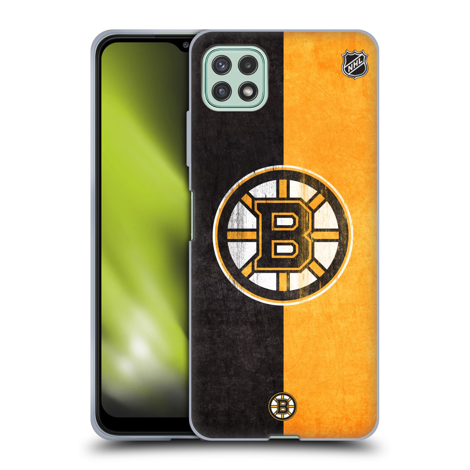 Silikonové pouzdro na mobil Samsung Galaxy A22 5G - NHL - Půlené logo Boston Bruins (Silikonový kryt, obal, pouzdro na mobilní telefon Samsung Galaxy A22 5G s licencovaným motivem NHL - Půlené logo Boston Bruins)