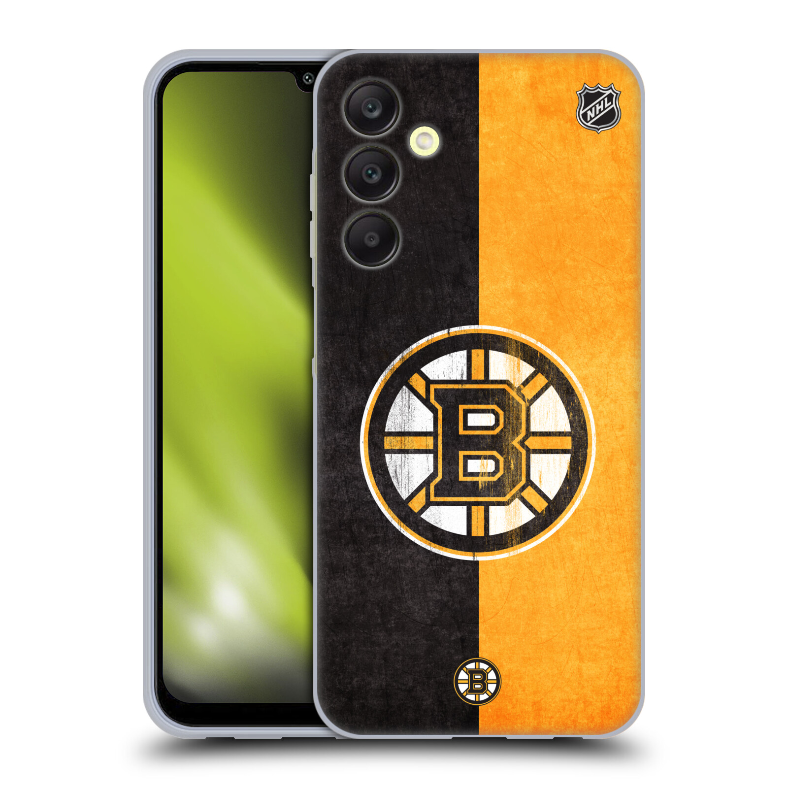 Silikonové pouzdro na mobil Samsung Galaxy A25 5G - NHL - Půlené logo Boston Bruins (Silikonový kryt, obal, pouzdro na mobilní telefon Samsung Galaxy A25 5G s licencovaným motivem NHL - Půlené logo Boston Bruins)