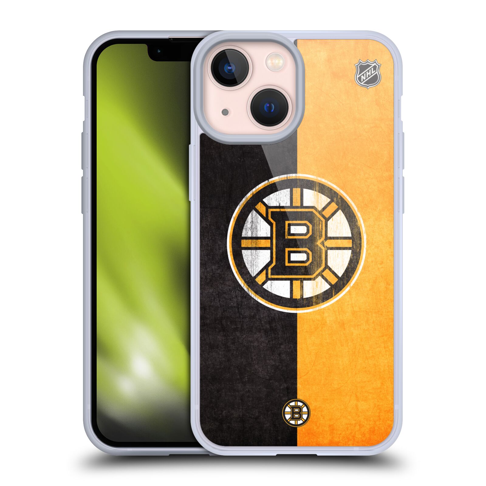 Silikonové pouzdro na mobil Apple iPhone 13 Mini - NHL - Půlené logo Boston Bruins (Silikonový kryt, obal, pouzdro na mobilní telefon Apple iPhone 13 Mini s licencovaným motivem NHL - Půlené logo Boston Bruins)