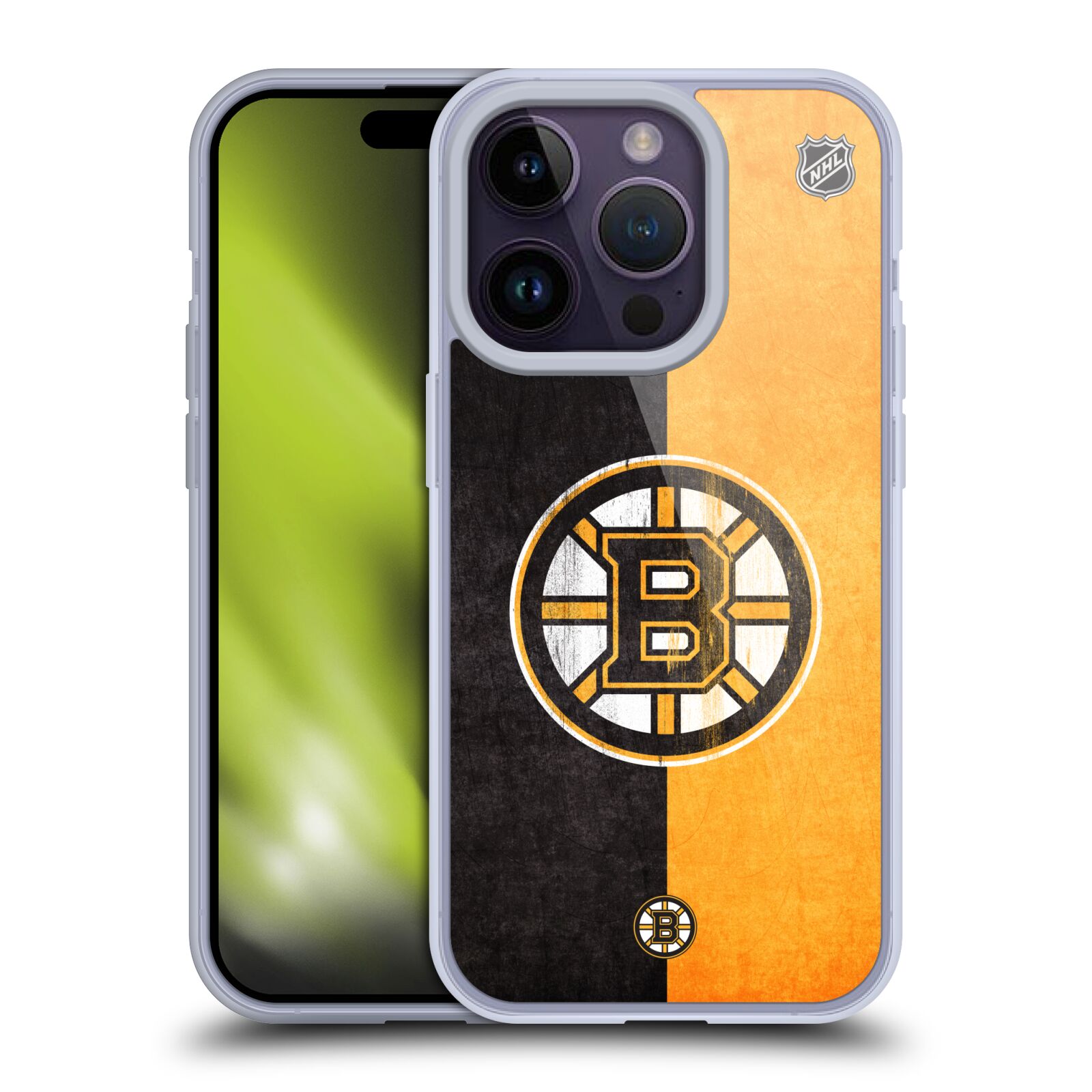 Silikonové pouzdro na mobil Apple iPhone 14 Pro - NHL - Půlené logo Boston Bruins (Silikonový kryt, obal, pouzdro na mobilní telefon Apple iPhone 14 Pro s licencovaným motivem NHL - Půlené logo Boston Bruins)