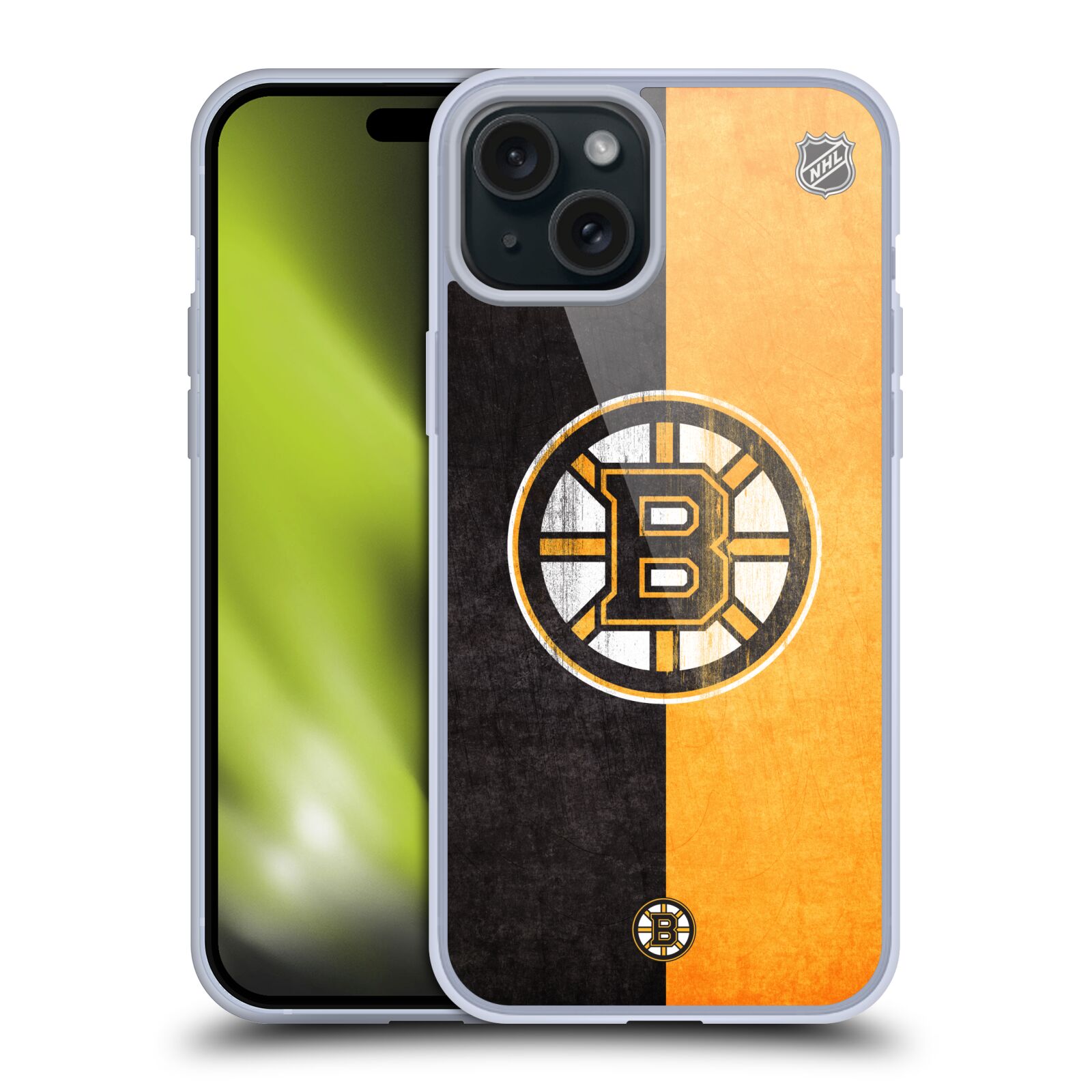 Silikonové lesklé pouzdro na mobil Apple iPhone 15 Plus - NHL - Půlené logo Boston Bruins (Silikonový lesklý kryt, obal, pouzdro na mobilní telefon Apple iPhone 15 Plus s licencovaným motivem NHL - Půlené logo Boston Bruins)