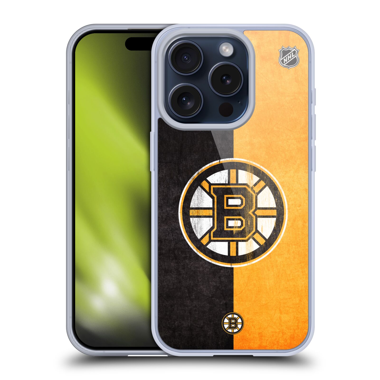 Silikonové lesklé pouzdro na mobil Apple iPhone 15 Pro - NHL - Půlené logo Boston Bruins (Silikonový lesklý kryt, obal, pouzdro na mobilní telefon Apple iPhone 15 Pro s licencovaným motivem NHL - Půlené logo Boston Bruins)