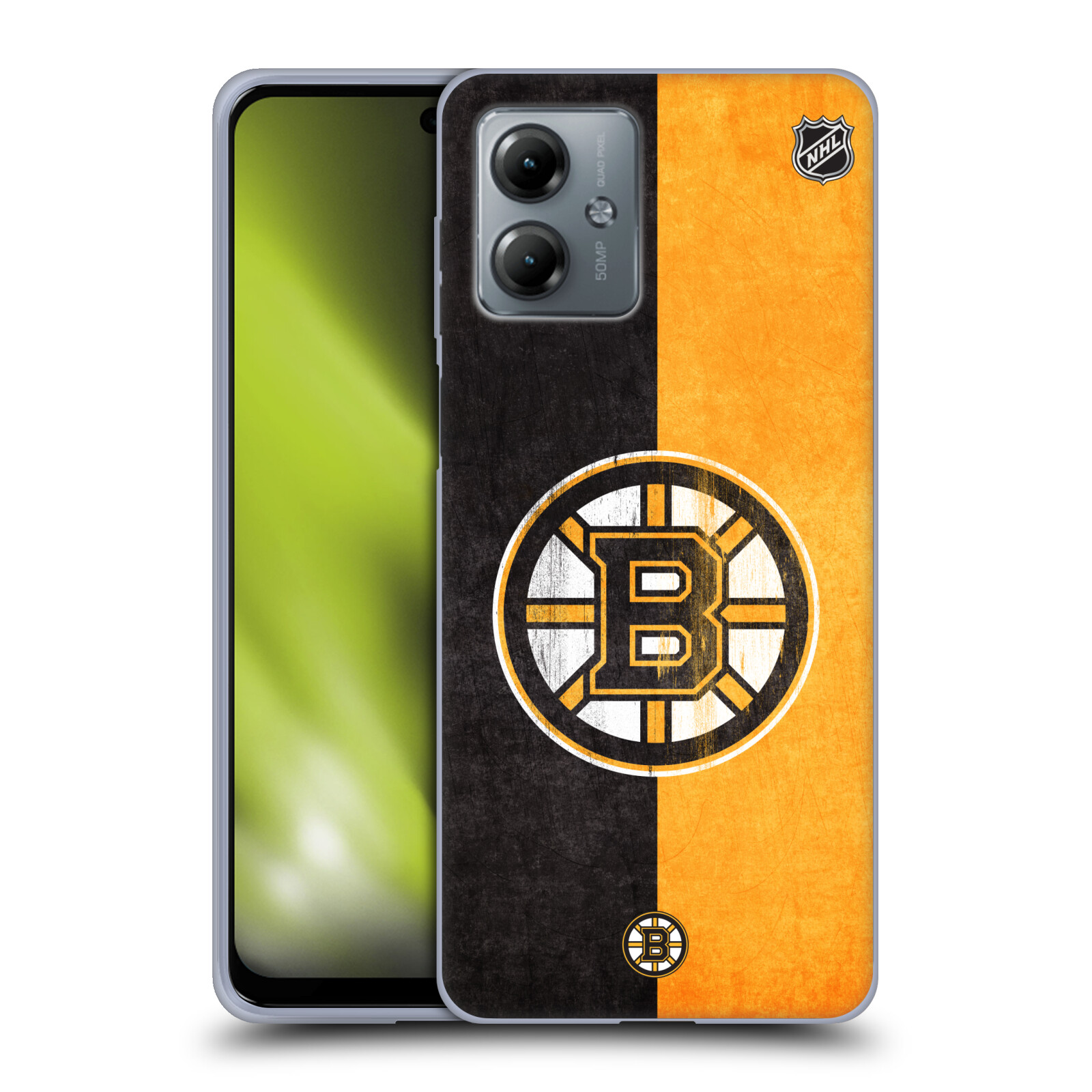Silikonové pouzdro na mobil Motorola Moto G14 - NHL - Půlené logo Boston Bruins (Silikonový kryt, obal, pouzdro na mobilní telefon Motorola Moto G14 s licencovaným motivem NHL - Půlené logo Boston Bruins)