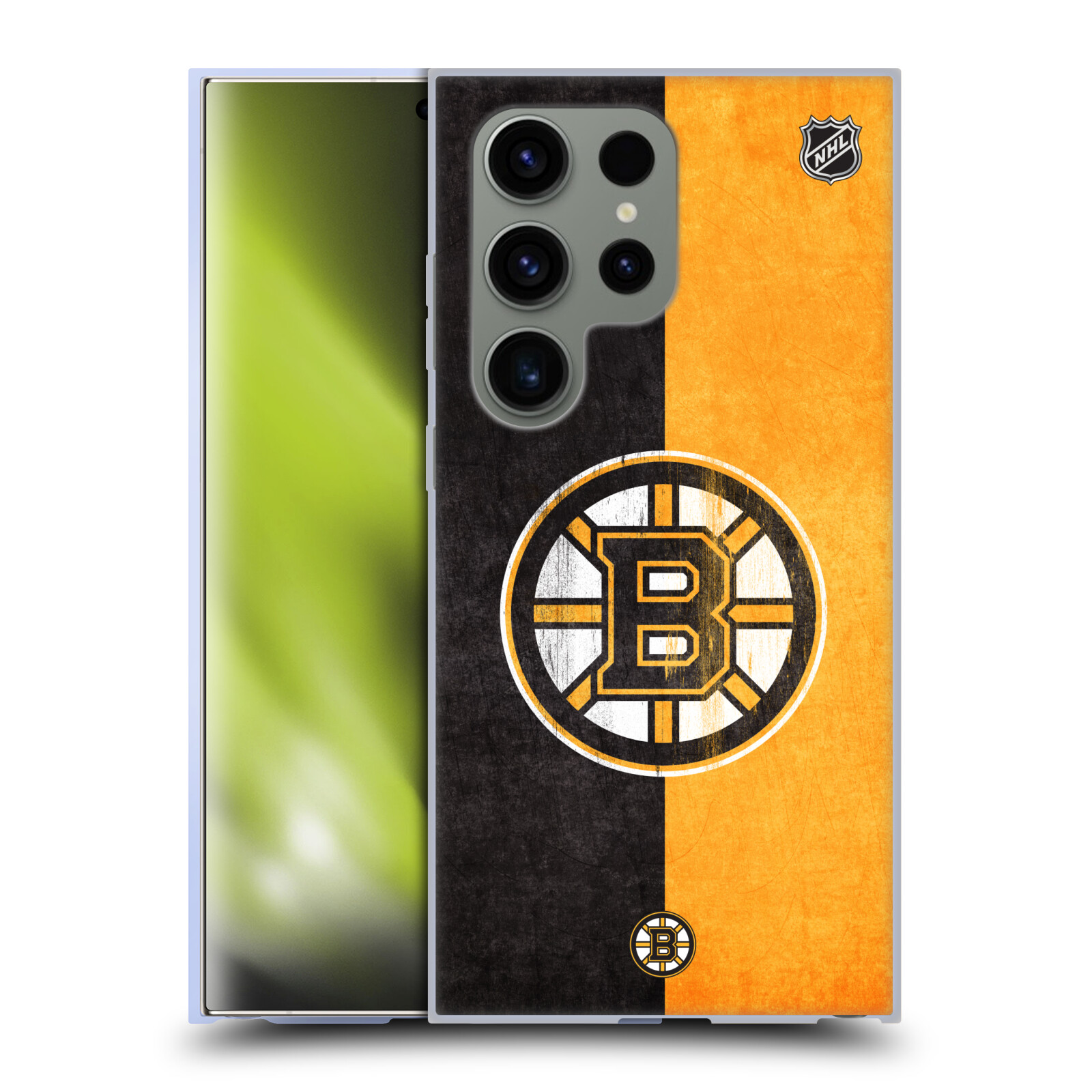 Silikonové lesklé pouzdro na mobil Samsung Galaxy S24 Ultra - NHL - Půlené logo Boston Bruins (Silikonový kryt, obal, pouzdro na mobilní telefon Samsung Galaxy S24 Ultra s licencovaným motivem NHL - Půlené logo Boston Bruins)