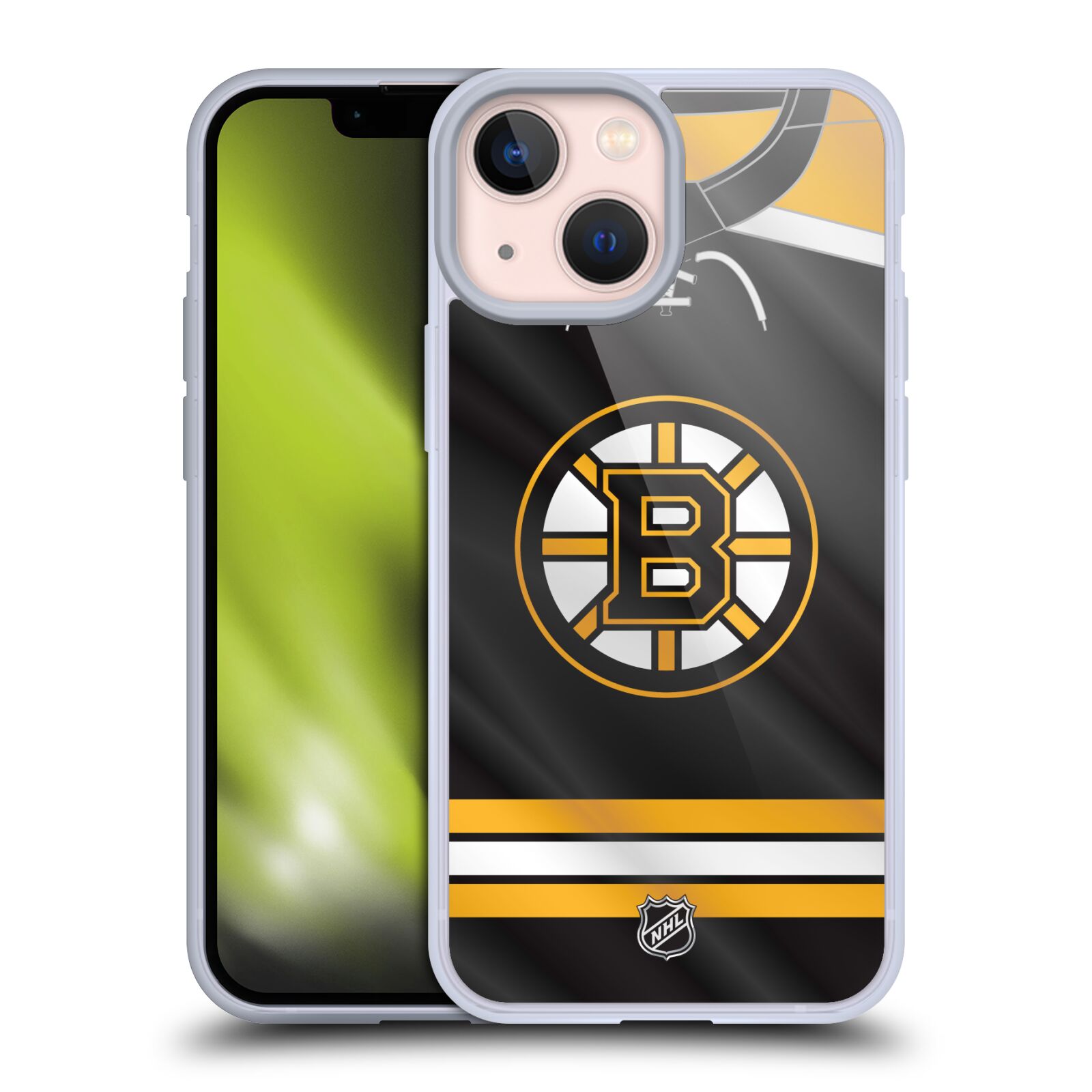 Silikonové pouzdro na mobil Apple iPhone 13 Mini - NHL - Dres Boston Bruins (Silikonový kryt, obal, pouzdro na mobilní telefon Apple iPhone 13 Mini s licencovaným motivem NHL - Dres Boston Bruins)