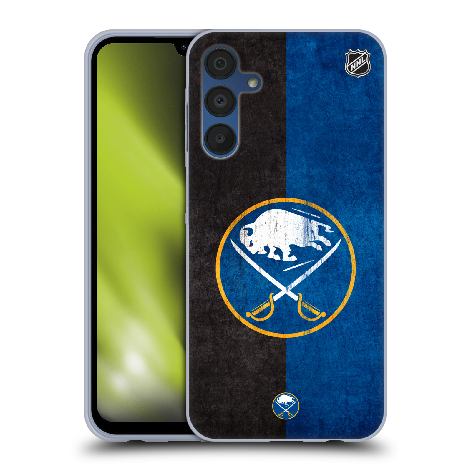 Silikonové pouzdro na mobil Samsung Galaxy A15 / A15 5G - NHL - Půlené logo Buffalo Sabres (Silikonový kryt, obal, pouzdro na mobilní telefon Samsung Galaxy A15 / A15 5G s licencovaným motivem NHL - Půlené logo Buffalo Sabres)