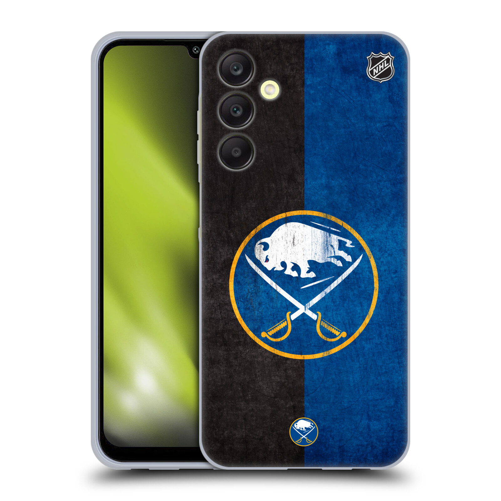 Silikonové pouzdro na mobil Samsung Galaxy A25 5G - NHL - Půlené logo Buffalo Sabres (Silikonový kryt, obal, pouzdro na mobilní telefon Samsung Galaxy A25 5G s licencovaným motivem NHL - Půlené logo Buffalo Sabres)
