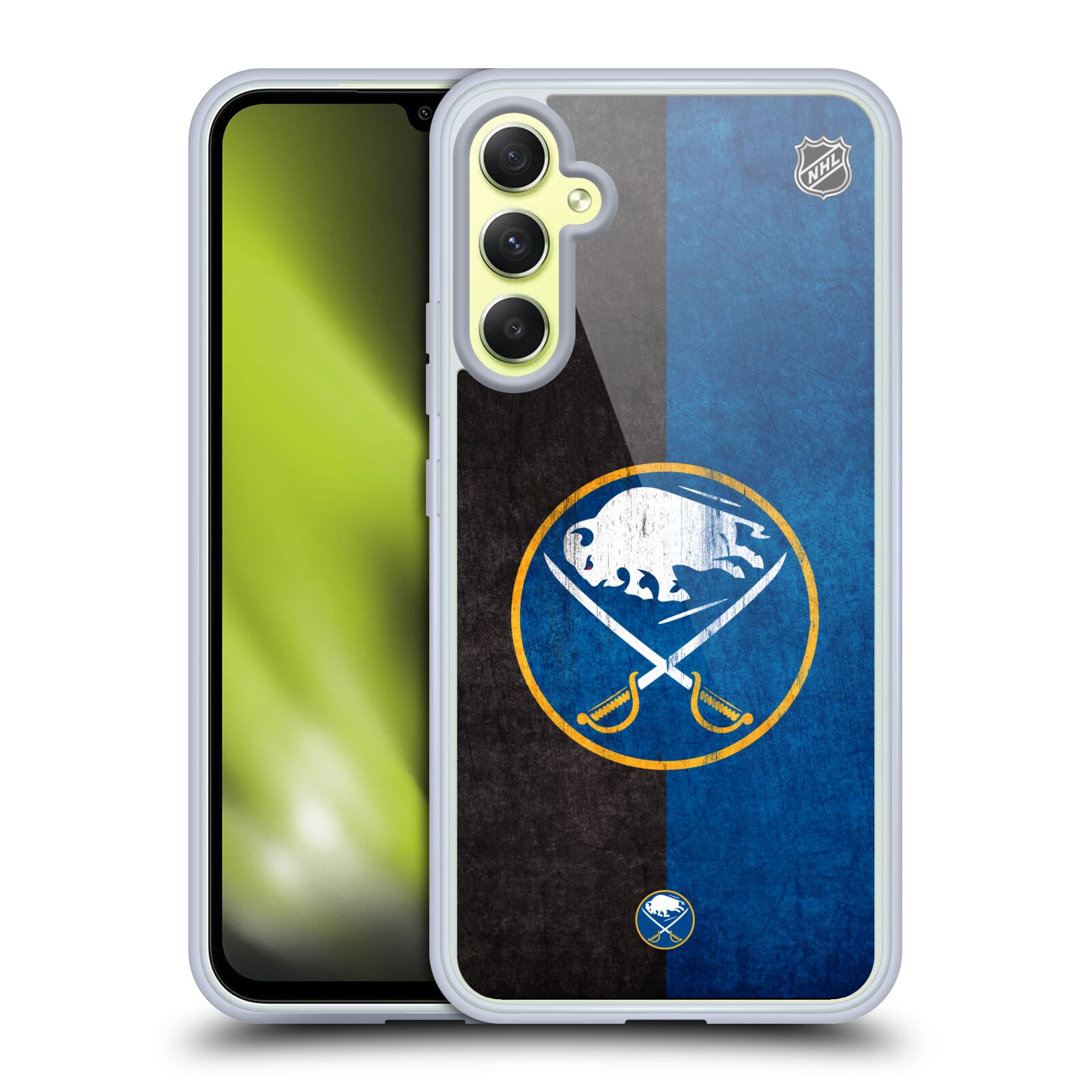 Silikonové pouzdro na mobil Samsung Galaxy A34 5G - NHL - Půlené logo Buffalo Sabres (Silikonový kryt, obal, pouzdro na mobilní telefon Samsung Galaxy A34 5G s licencovaným motivem NHL - Půlené logo Buffalo Sabres)