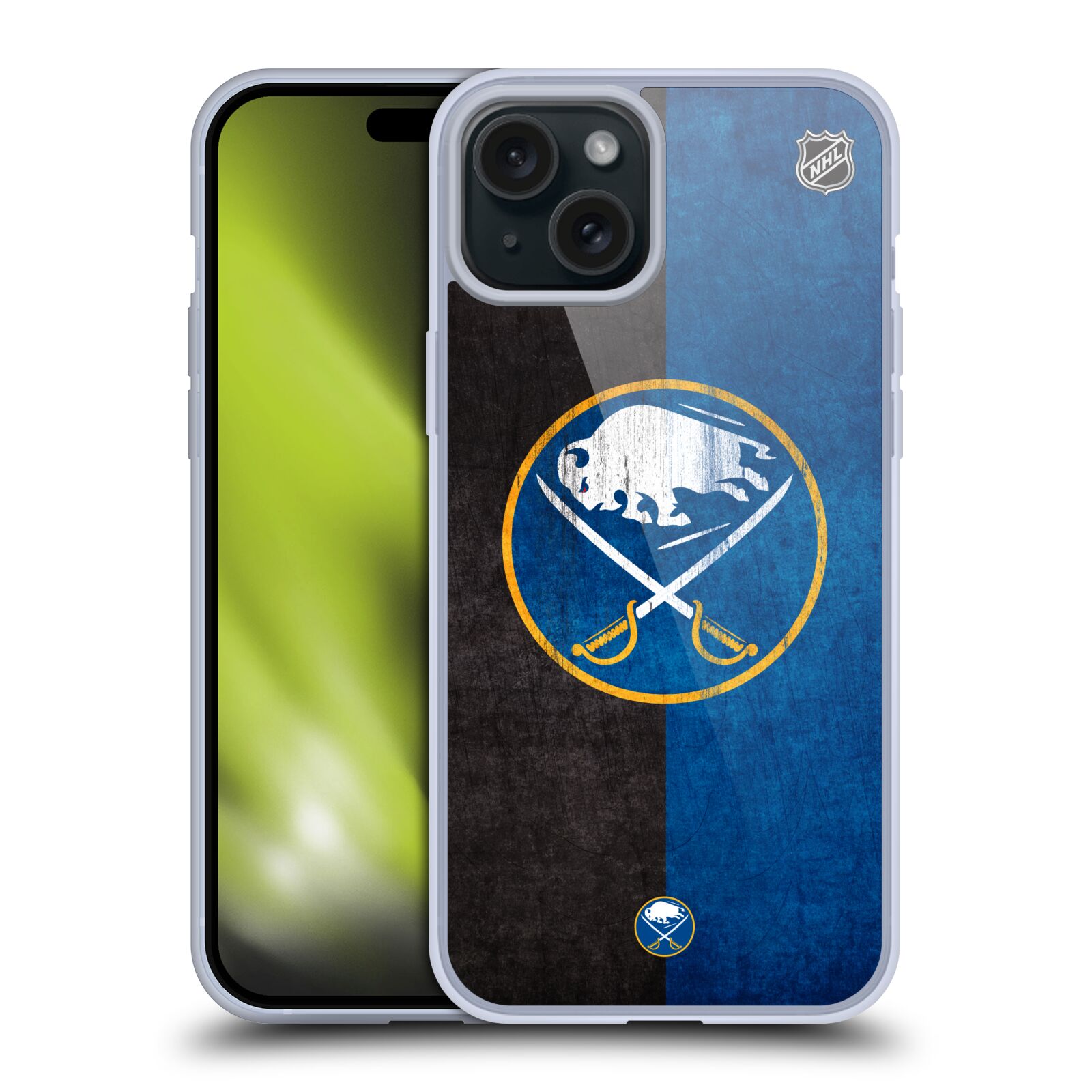 Silikonové lesklé pouzdro na mobil Apple iPhone 15 Plus - NHL - Půlené logo Buffalo Sabres (Silikonový lesklý kryt, obal, pouzdro na mobilní telefon Apple iPhone 15 Plus s licencovaným motivem NHL - Půlené logo Buffalo Sabres)
