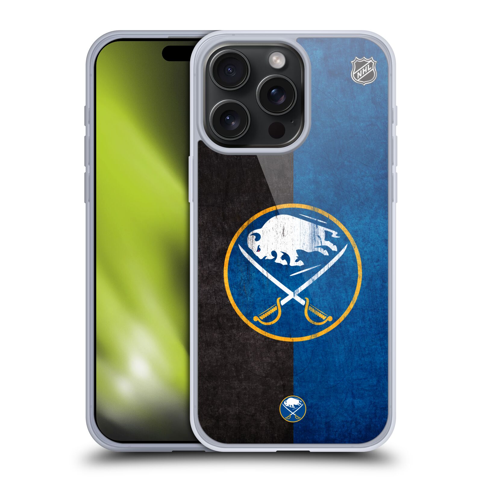 Silikonové lesklé pouzdro na mobil Apple iPhone 15 Pro Max - NHL - Půlené logo Buffalo Sabres (Silikonový lesklý kryt, obal, pouzdro na mobilní telefon Apple iPhone 15 Pro Max s licencovaným motivem NHL - Půlené logo Buffalo Sabres)