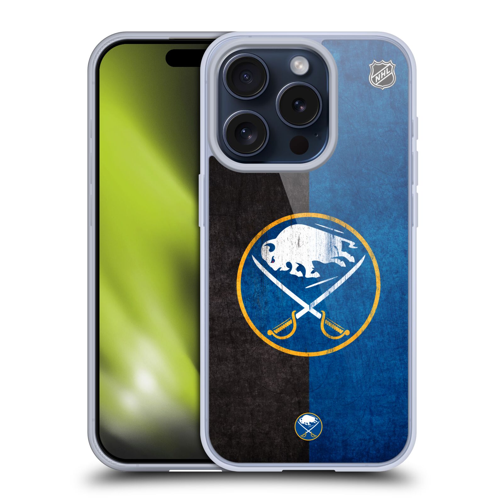 Silikonové lesklé pouzdro na mobil Apple iPhone 15 Pro - NHL - Půlené logo Buffalo Sabres (Silikonový lesklý kryt, obal, pouzdro na mobilní telefon Apple iPhone 15 Pro s licencovaným motivem NHL - Půlené logo Buffalo Sabres)