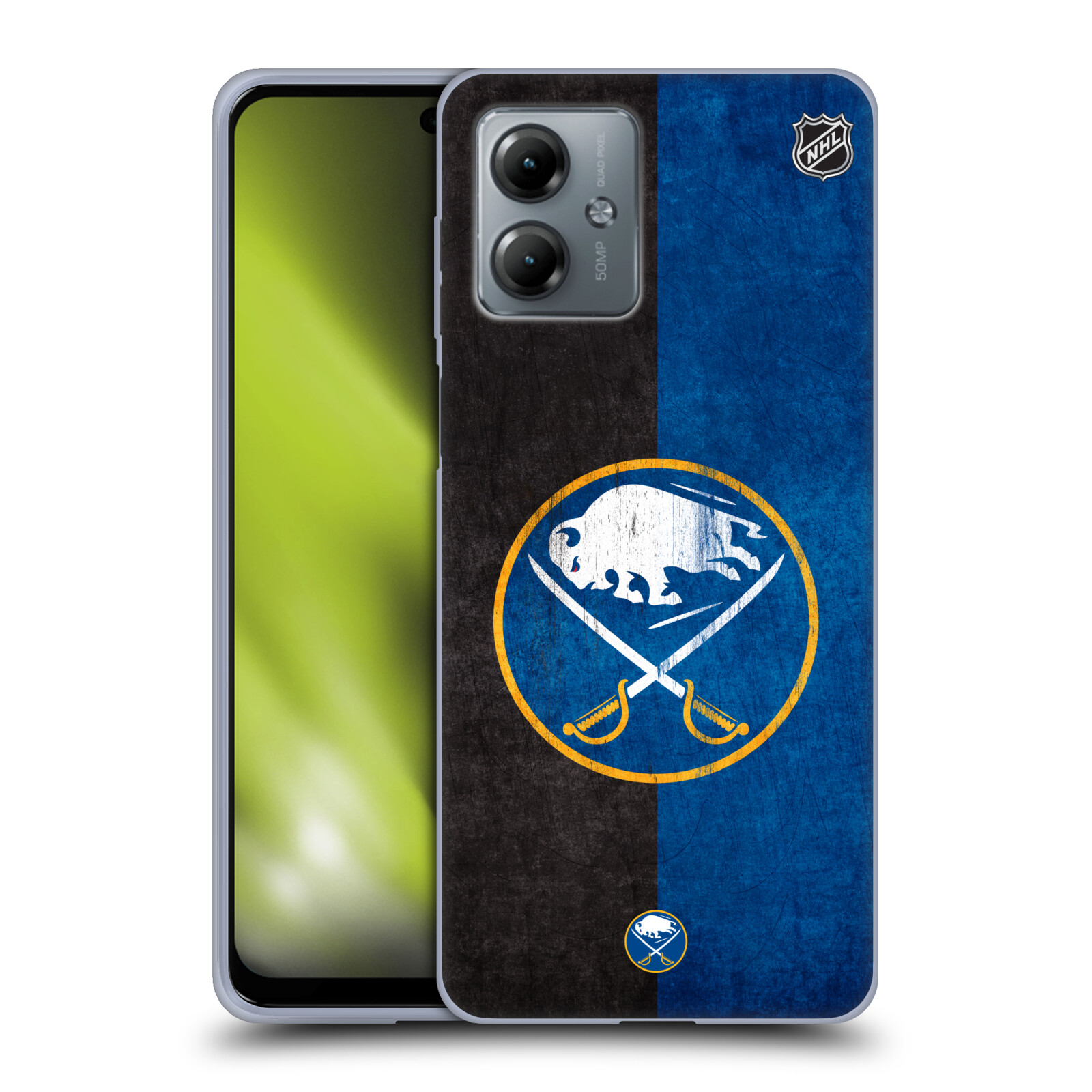 Silikonové pouzdro na mobil Motorola Moto G14 - NHL - Půlené logo Buffalo Sabres (Silikonový kryt, obal, pouzdro na mobilní telefon Motorola Moto G14 s licencovaným motivem NHL - Půlené logo Buffalo Sabres)