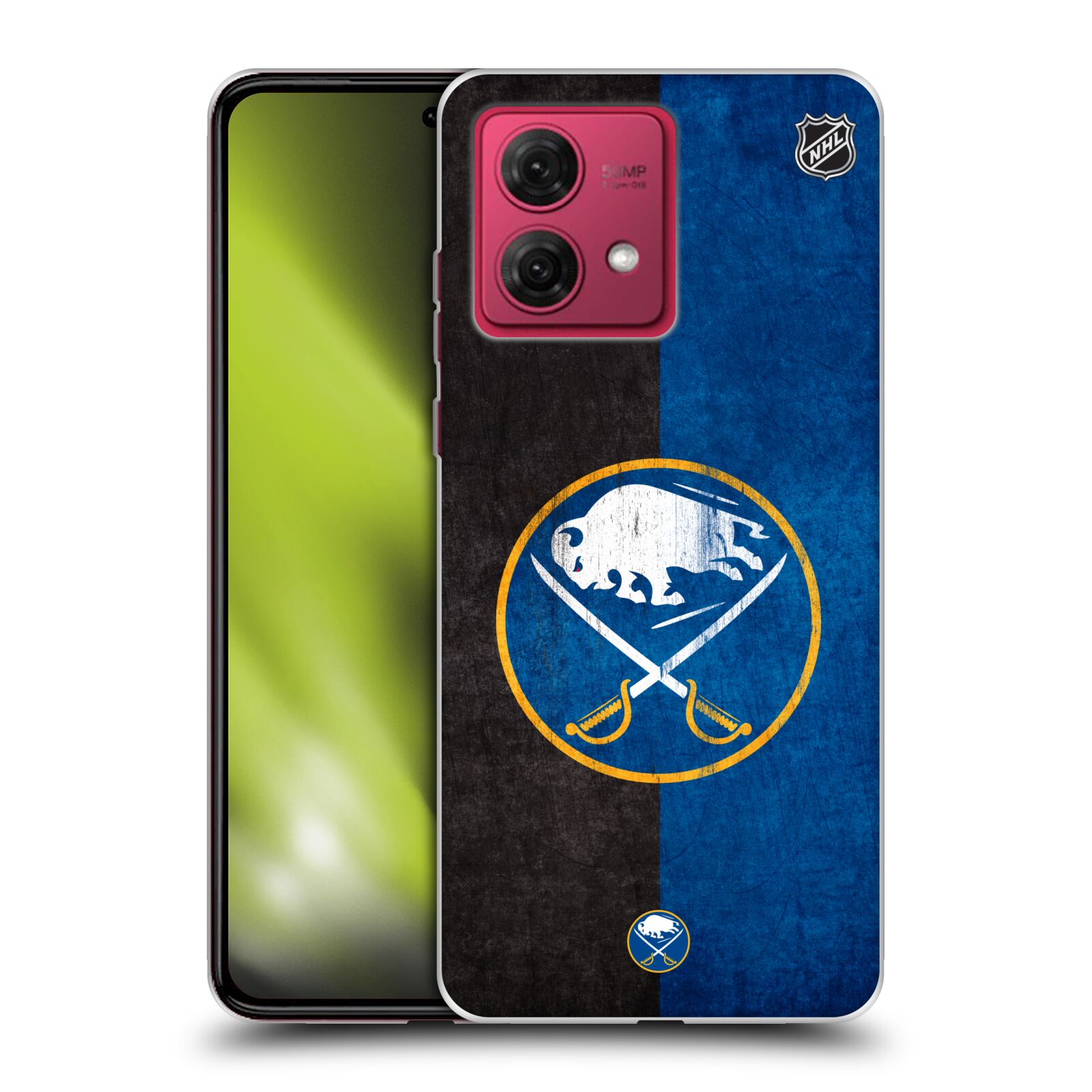 Silikonové pouzdro na mobil Motorola Moto G84 5G - NHL - Půlené logo Buffalo Sabres (Silikonový kryt, obal, pouzdro na mobilní telefon Motorola Moto G84 5G s licencovaným motivem NHL - Půlené logo Buffalo Sabres)