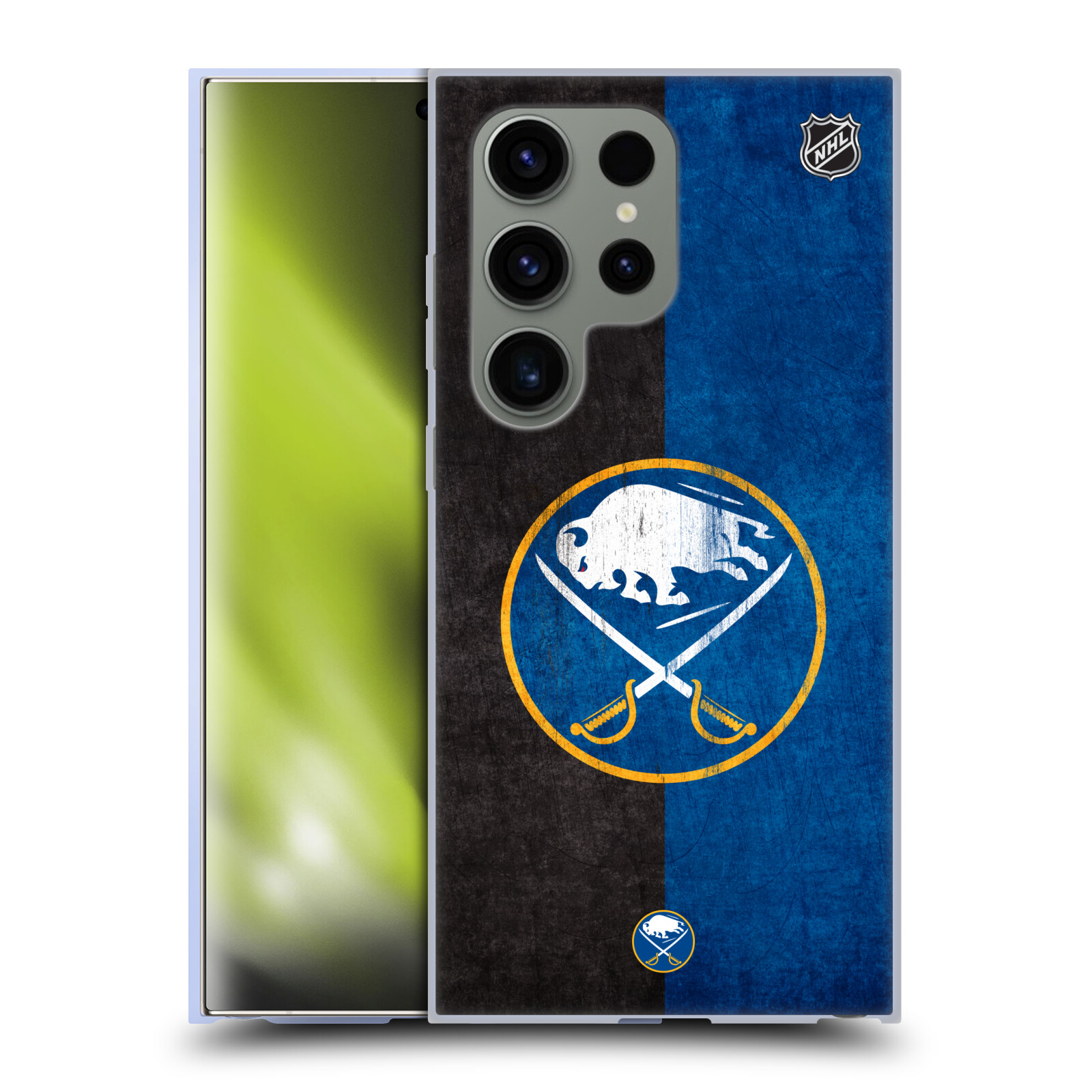 Silikonové lesklé pouzdro na mobil Samsung Galaxy S24 Ultra - NHL - Půlené logo Buffalo Sabres (Silikonový kryt, obal, pouzdro na mobilní telefon Samsung Galaxy S24 Ultra s licencovaným motivem NHL - Půlené logo Buffalo Sabres)