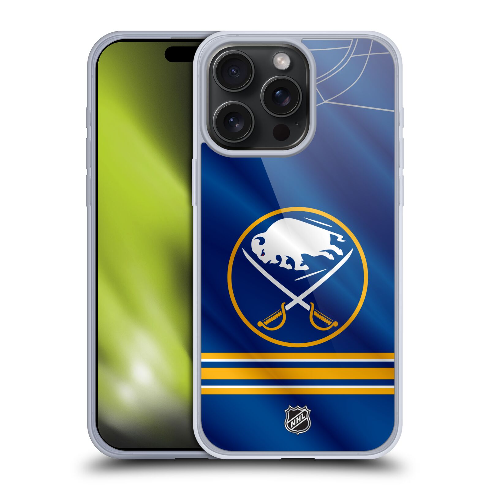 Silikonové lesklé pouzdro na mobil Apple iPhone 15 Pro Max - NHL - Dres Buffalo Sabres (Silikonový lesklý kryt, obal, pouzdro na mobilní telefon Apple iPhone 15 Pro Max s licencovaným motivem NHL - Dres Buffalo Sabres)