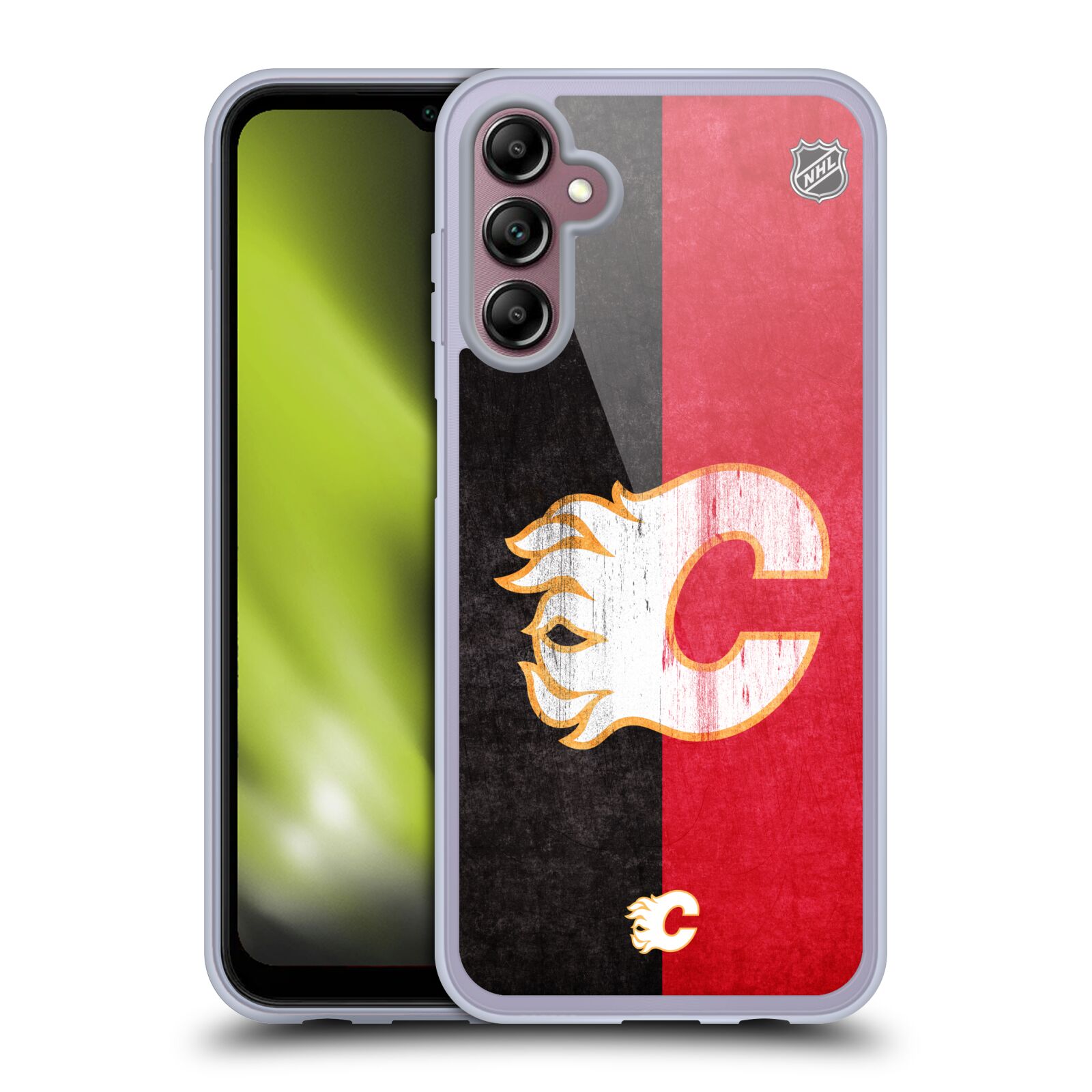 Silikonové pouzdro na mobil Samsung Galaxy A14 5G / LTE - NHL - Půlené logo Calgary Flames (Silikonový kryt, obal, pouzdro na mobilní telefon Samsung Galaxy A14 5G / LTE s licencovaným motivem NHL - Půlené logo Calgary Flames)