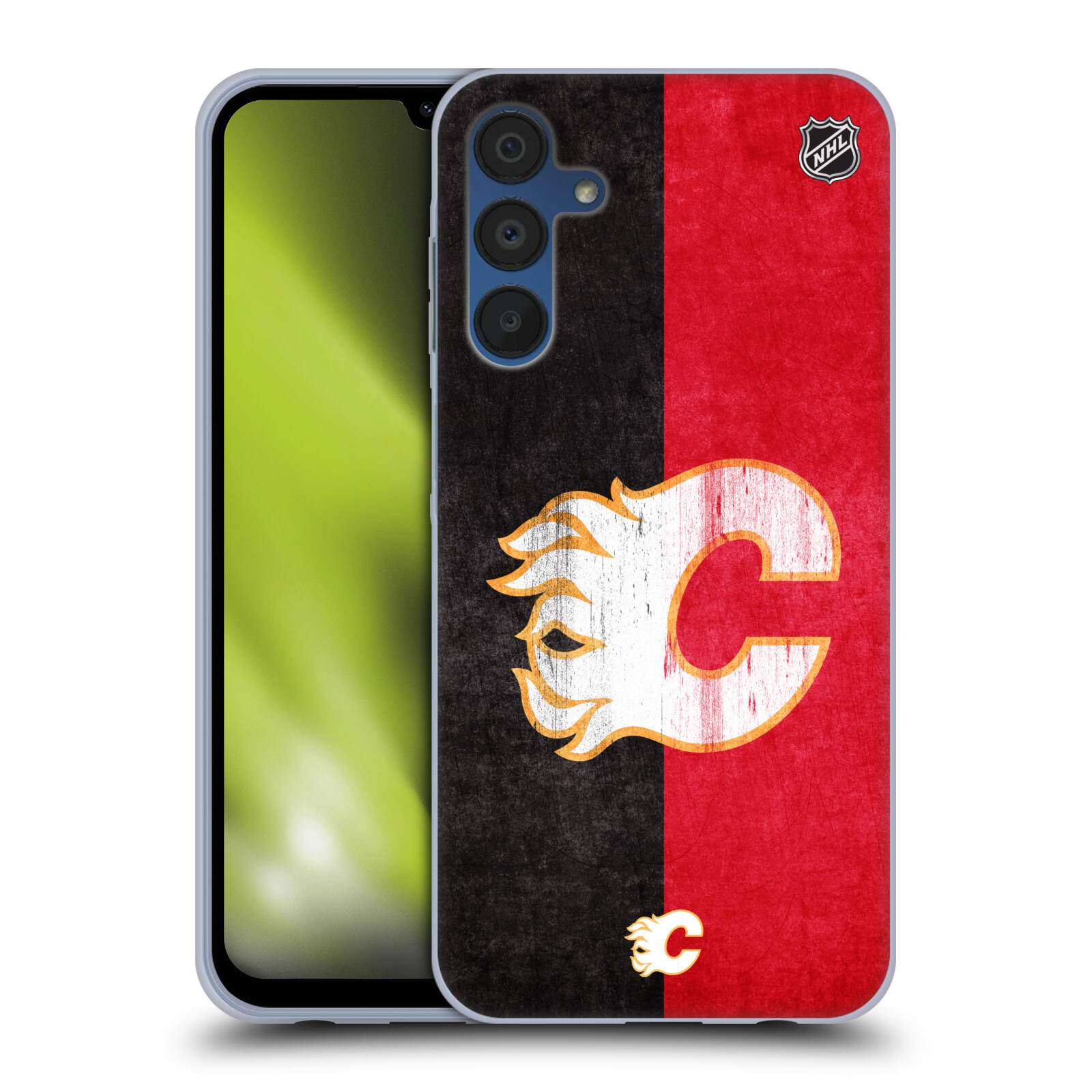Silikonové pouzdro na mobil Samsung Galaxy A15 / A15 5G - NHL - Půlené logo Calgary Flames (Silikonový kryt, obal, pouzdro na mobilní telefon Samsung Galaxy A15 / A15 5G s licencovaným motivem NHL - Půlené logo Calgary Flames)