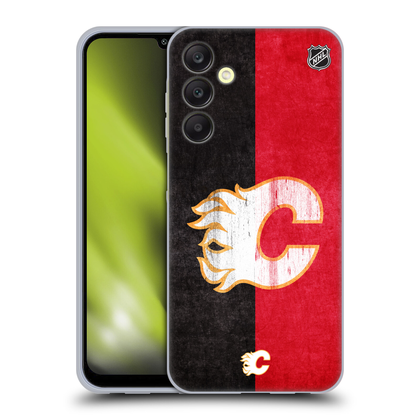 Silikonové pouzdro na mobil Samsung Galaxy A25 5G - NHL - Půlené logo Calgary Flames (Silikonový kryt, obal, pouzdro na mobilní telefon Samsung Galaxy A25 5G s licencovaným motivem NHL - Půlené logo Calgary Flames)