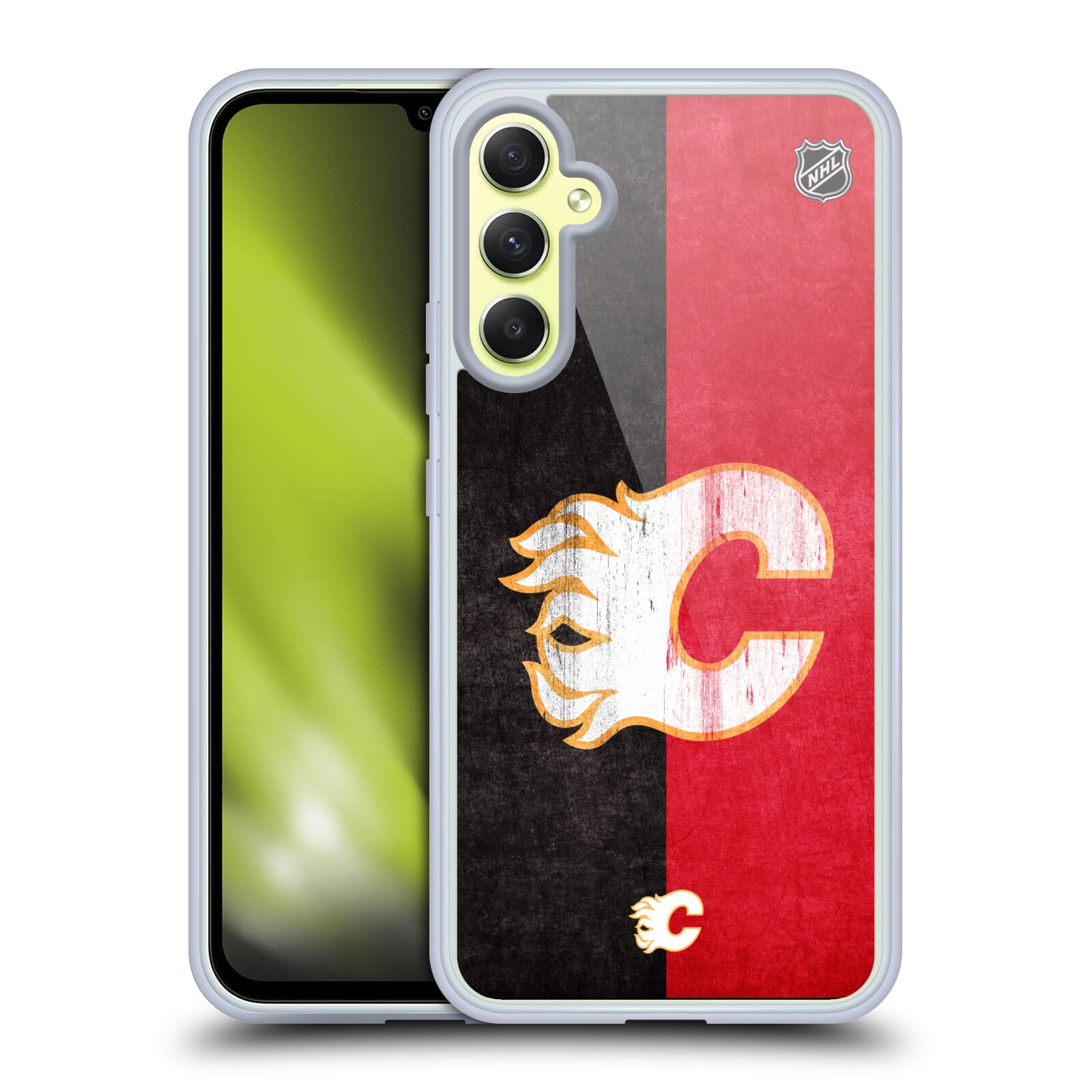 Silikonové pouzdro na mobil Samsung Galaxy A34 5G - NHL - Půlené logo Calgary Flames (Silikonový kryt, obal, pouzdro na mobilní telefon Samsung Galaxy A34 5G s licencovaným motivem NHL - Půlené logo Calgary Flames)