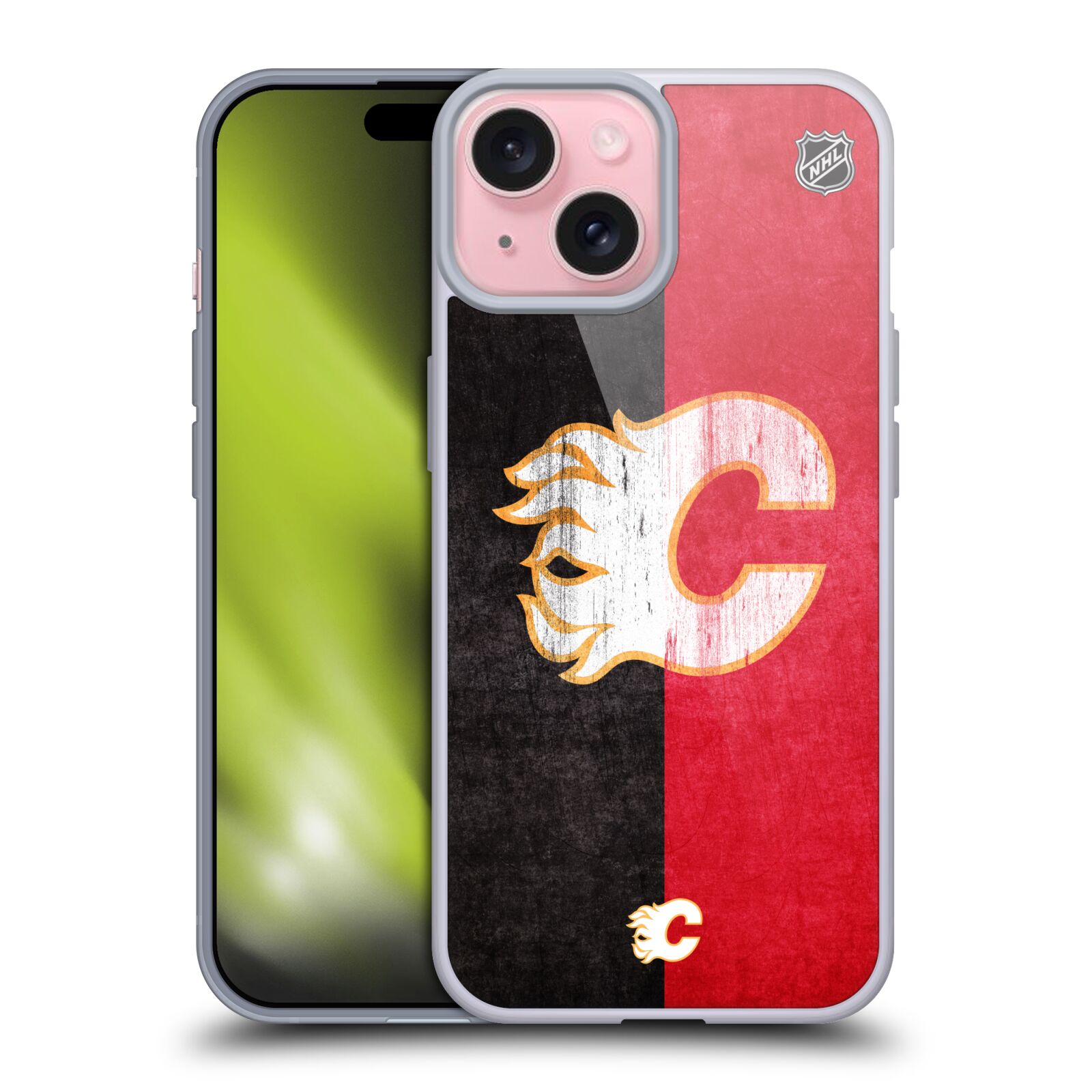 Silikonové lesklé pouzdro na mobil Apple iPhone 15 - NHL - Půlené logo Calgary Flames (Silikonový lesklý kryt, obal, pouzdro na mobilní telefon Apple iPhone 15 s licencovaným motivem NHL - Půlené logo Calgary Flames)