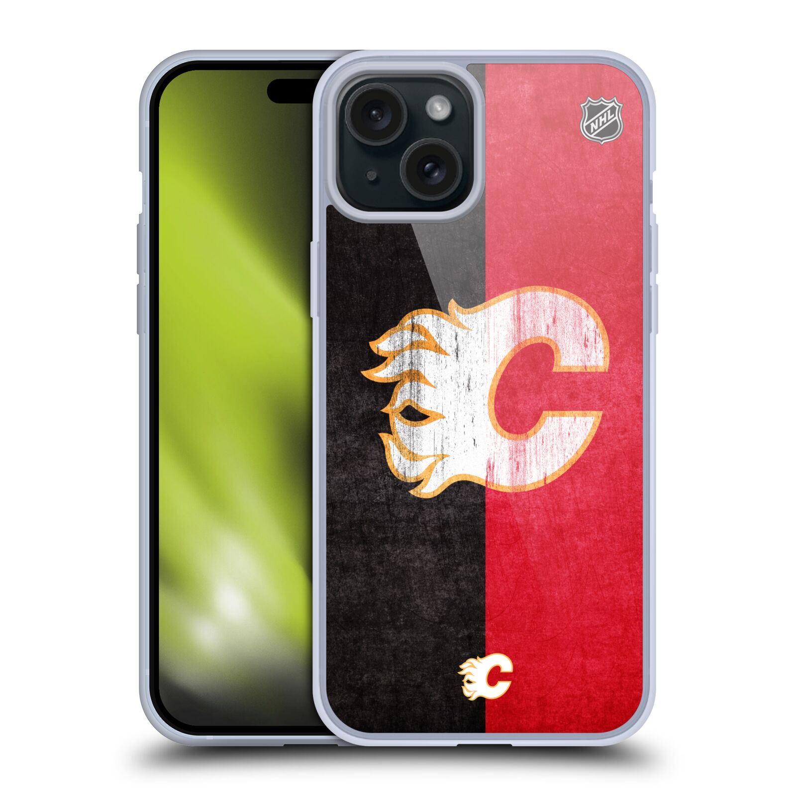 Silikonové lesklé pouzdro na mobil Apple iPhone 15 Plus - NHL - Půlené logo Calgary Flames (Silikonový lesklý kryt, obal, pouzdro na mobilní telefon Apple iPhone 15 Plus s licencovaným motivem NHL - Půlené logo Calgary Flames)