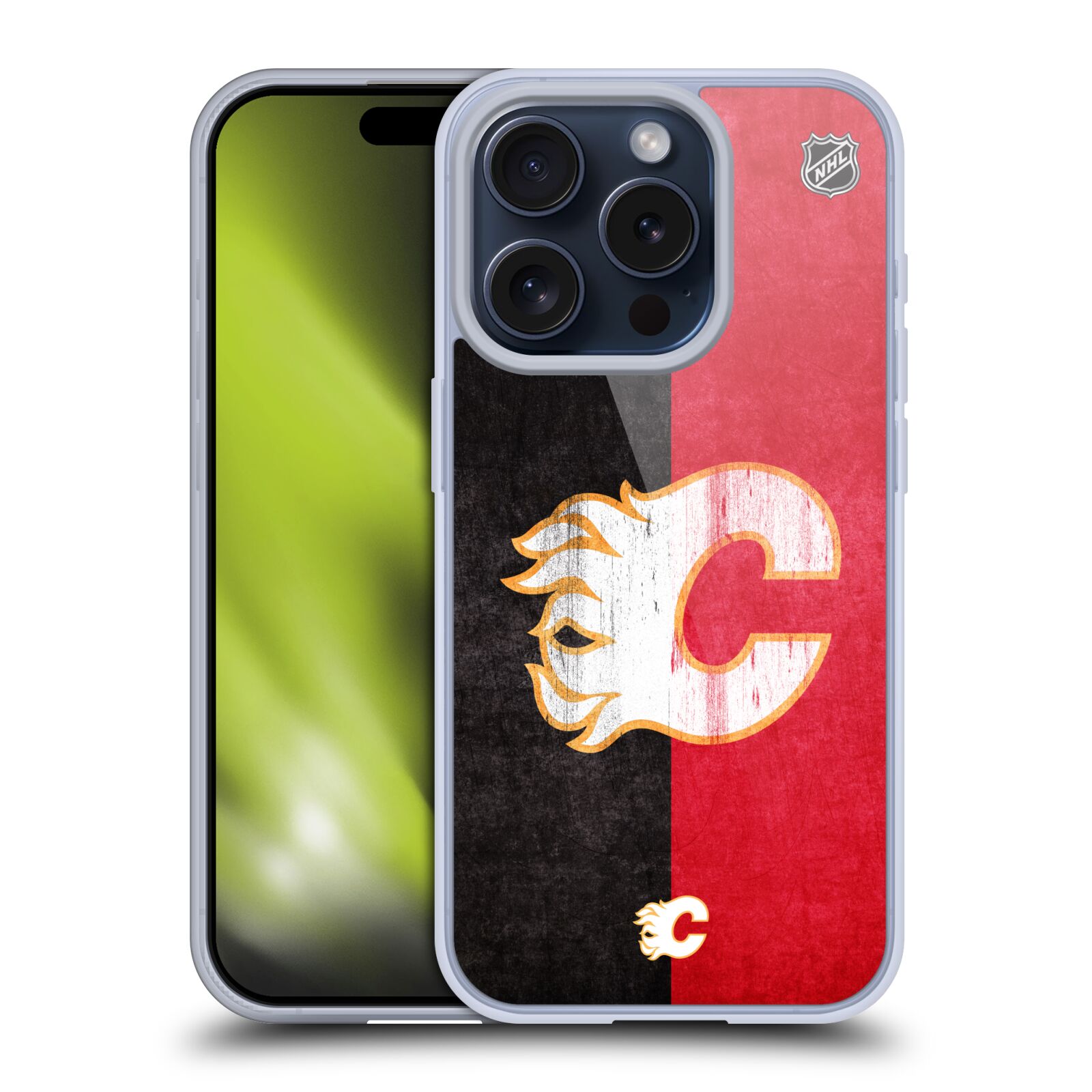 Silikonové lesklé pouzdro na mobil Apple iPhone 15 Pro - NHL - Půlené logo Calgary Flames (Silikonový lesklý kryt, obal, pouzdro na mobilní telefon Apple iPhone 15 Pro s licencovaným motivem NHL - Půlené logo Calgary Flames)
