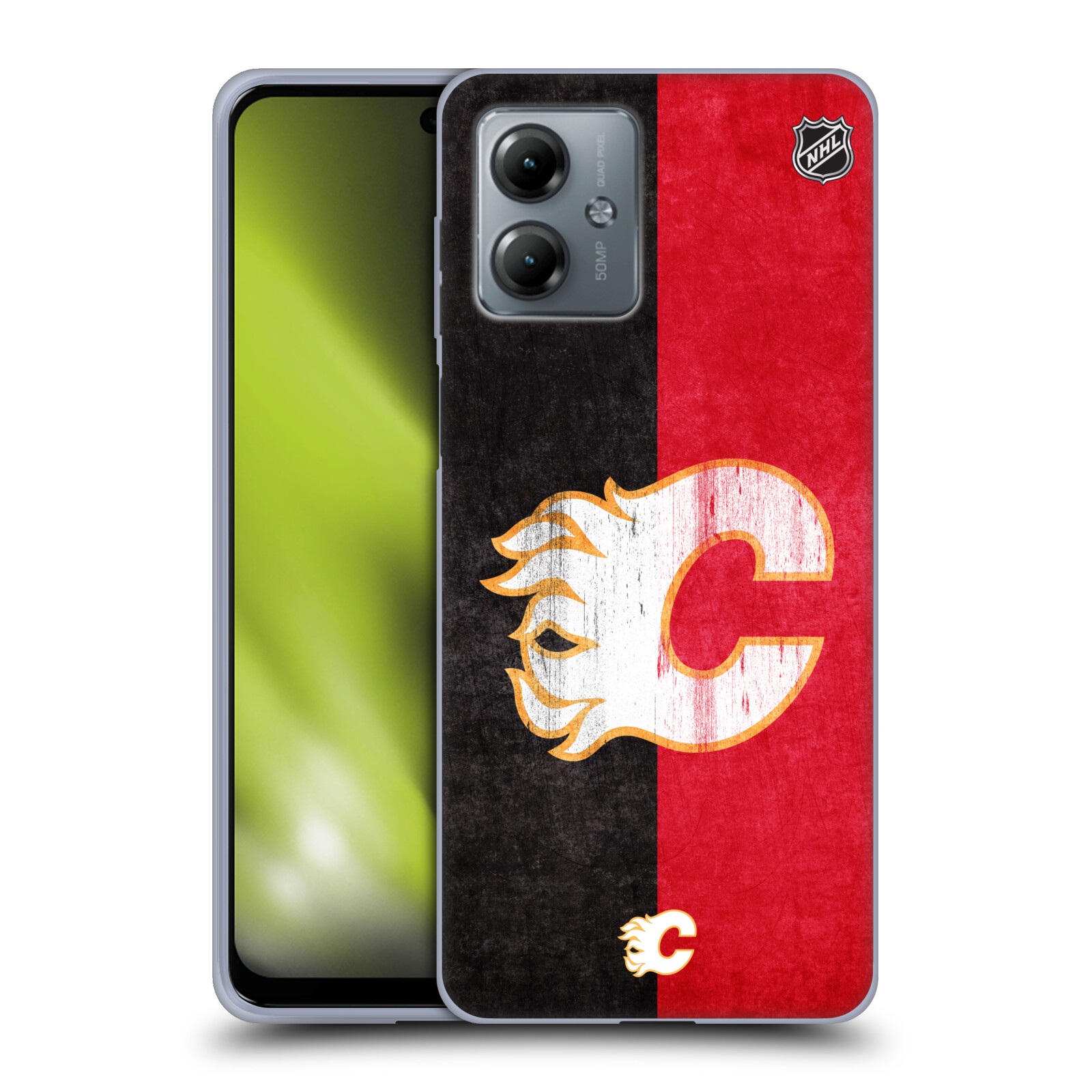 Silikonové pouzdro na mobil Motorola Moto G14 - NHL - Půlené logo Calgary Flames (Silikonový kryt, obal, pouzdro na mobilní telefon Motorola Moto G14 s licencovaným motivem NHL - Půlené logo Calgary Flames)