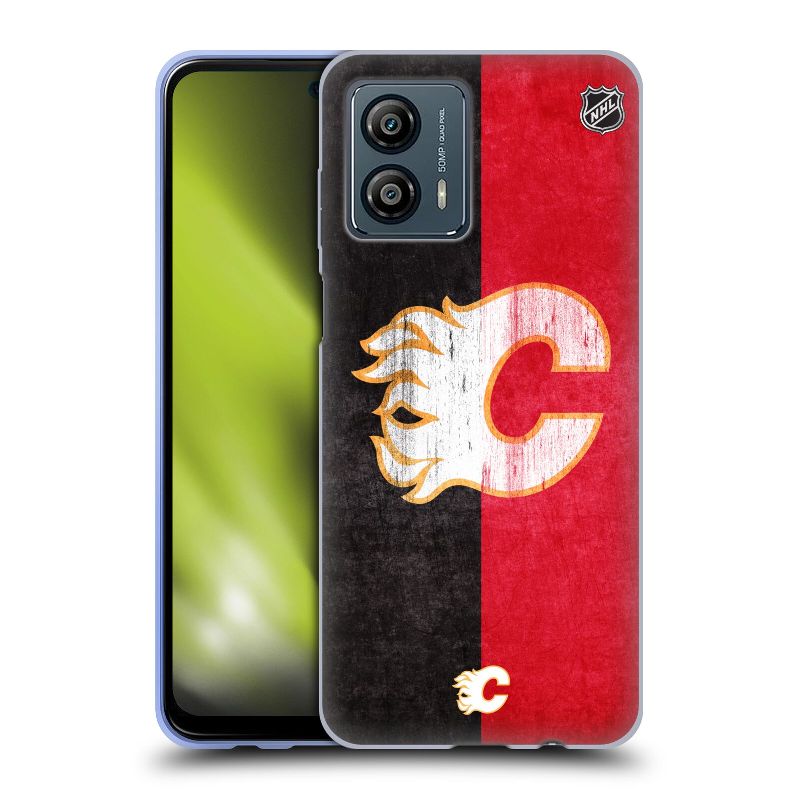 Silikonové pouzdro na mobil Motorola Moto G53 5G - NHL - Půlené logo Calgary Flames (Silikonový kryt, obal, pouzdro na mobilní telefon Motorola Moto G53 5G s licencovaným motivem NHL - Půlené logo Calgary Flames)