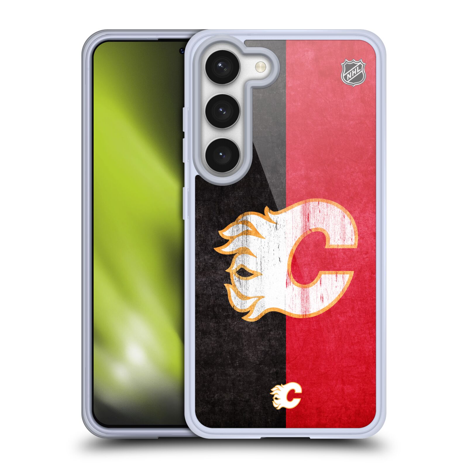 Silikonové pouzdro na mobil Samsung Galaxy S23 - NHL - Půlené logo Calgary Flames (Silikonový kryt, obal, pouzdro na mobilní telefon Samsung Galaxy S23 s licencovaným motivem NHL - Půlené logo Calgary Flames)