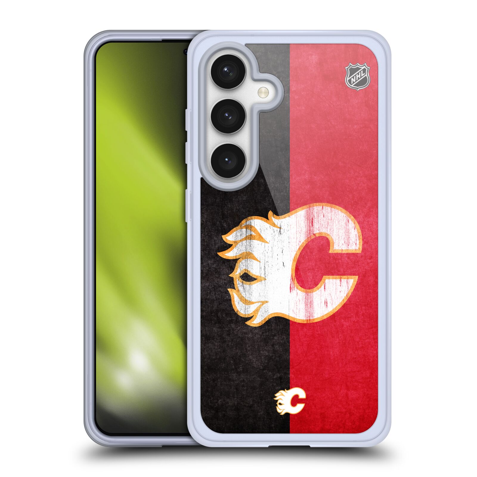 Silikonové lesklé pouzdro na mobil Samsung Galaxy S24 - NHL - Půlené logo Calgary Flames (Silikonový kryt, obal, pouzdro na mobilní telefon Samsung Galaxy S24 s licencovaným motivem NHL - Půlené logo Calgary Flames)