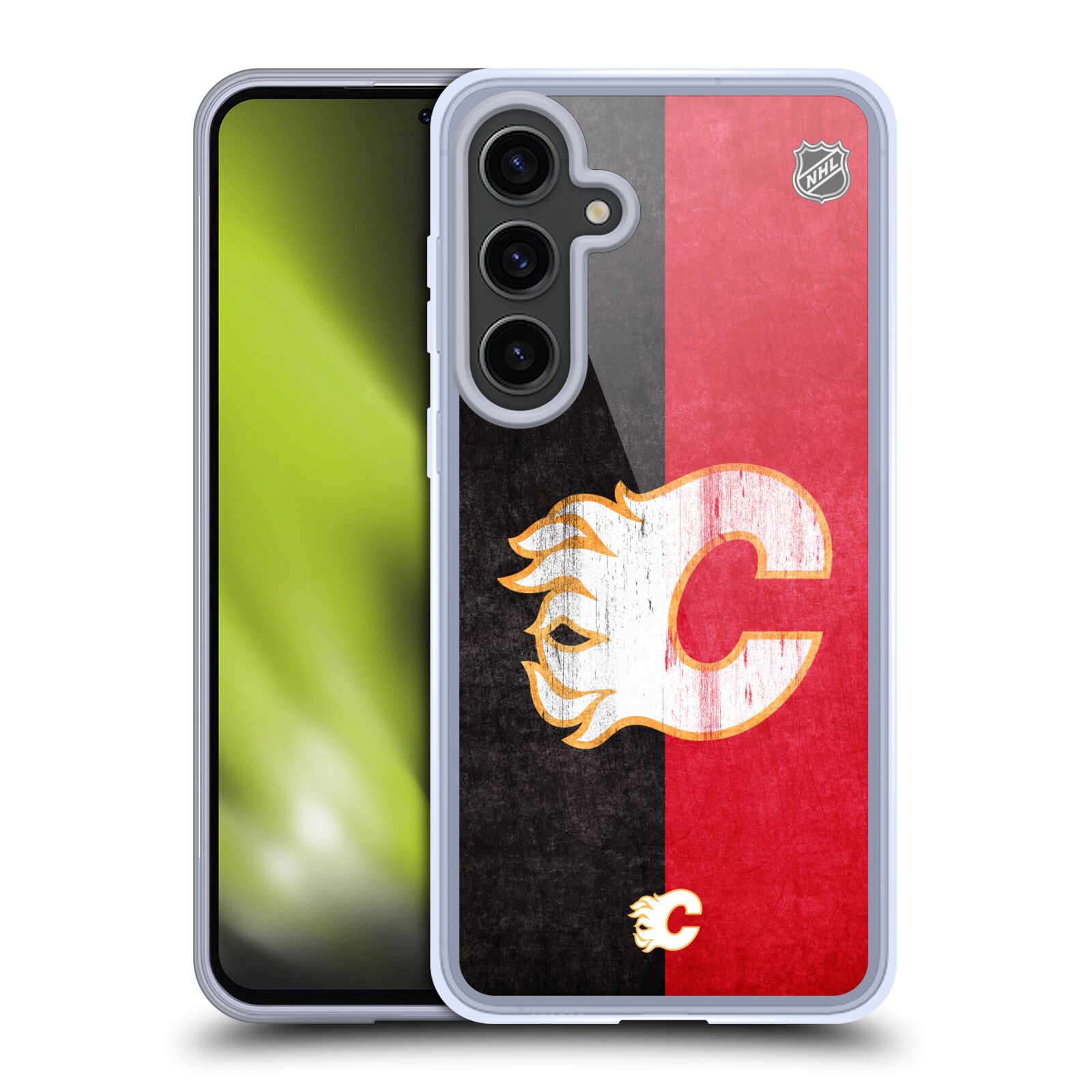 Silikonové lesklé pouzdro na mobil Samsung Galaxy S24 Plus - NHL - Půlené logo Calgary Flames (Silikonový kryt, obal, pouzdro na mobilní telefon Samsung Galaxy S24 Plus s licencovaným motivem NHL - Půlené logo Calgary Flames)