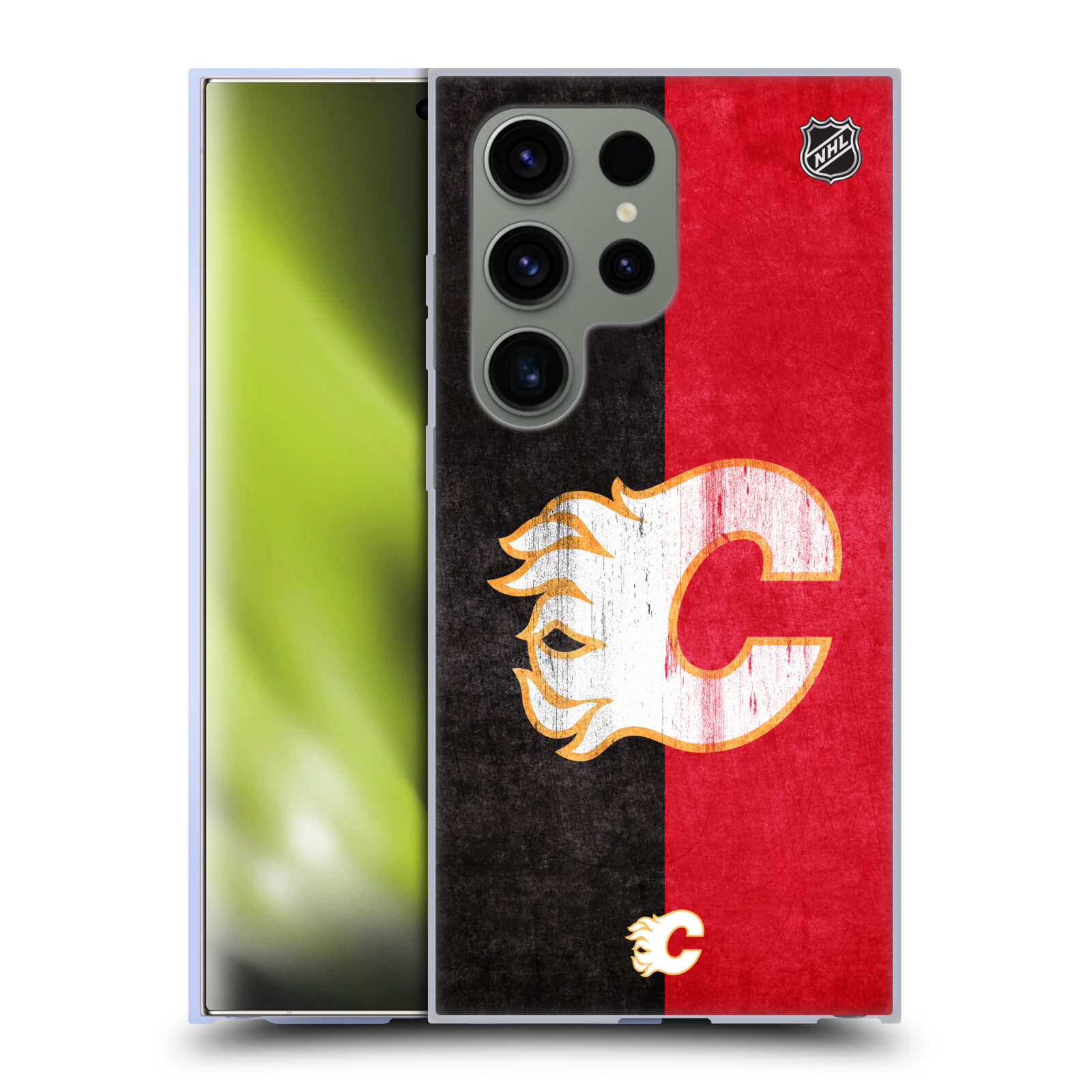Silikonové lesklé pouzdro na mobil Samsung Galaxy S24 Ultra - NHL - Půlené logo Calgary Flames (Silikonový kryt, obal, pouzdro na mobilní telefon Samsung Galaxy S24 Ultra s licencovaným motivem NHL - Půlené logo Calgary Flames)