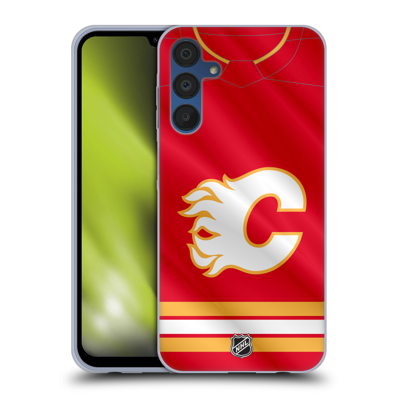 Silikonové pouzdro na mobil Samsung Galaxy A15 / A15 5G - NHL - Dres Calgary Flames (Silikonový kryt, obal, pouzdro na mobilní telefon Samsung Galaxy A15 / A15 5G s licencovaným motivem NHL - Dres Calgary Flames)