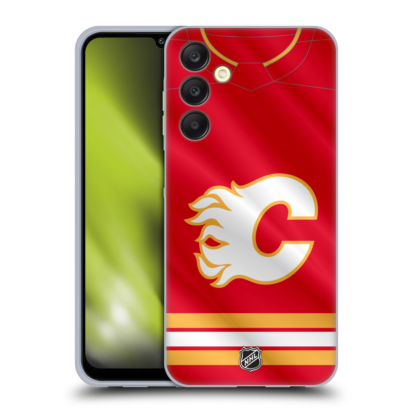 Silikonové pouzdro na mobil Samsung Galaxy A25 5G - NHL - Dres Calgary Flames (Silikonový kryt, obal, pouzdro na mobilní telefon Samsung Galaxy A25 5G s licencovaným motivem NHL - Dres Calgary Flames)