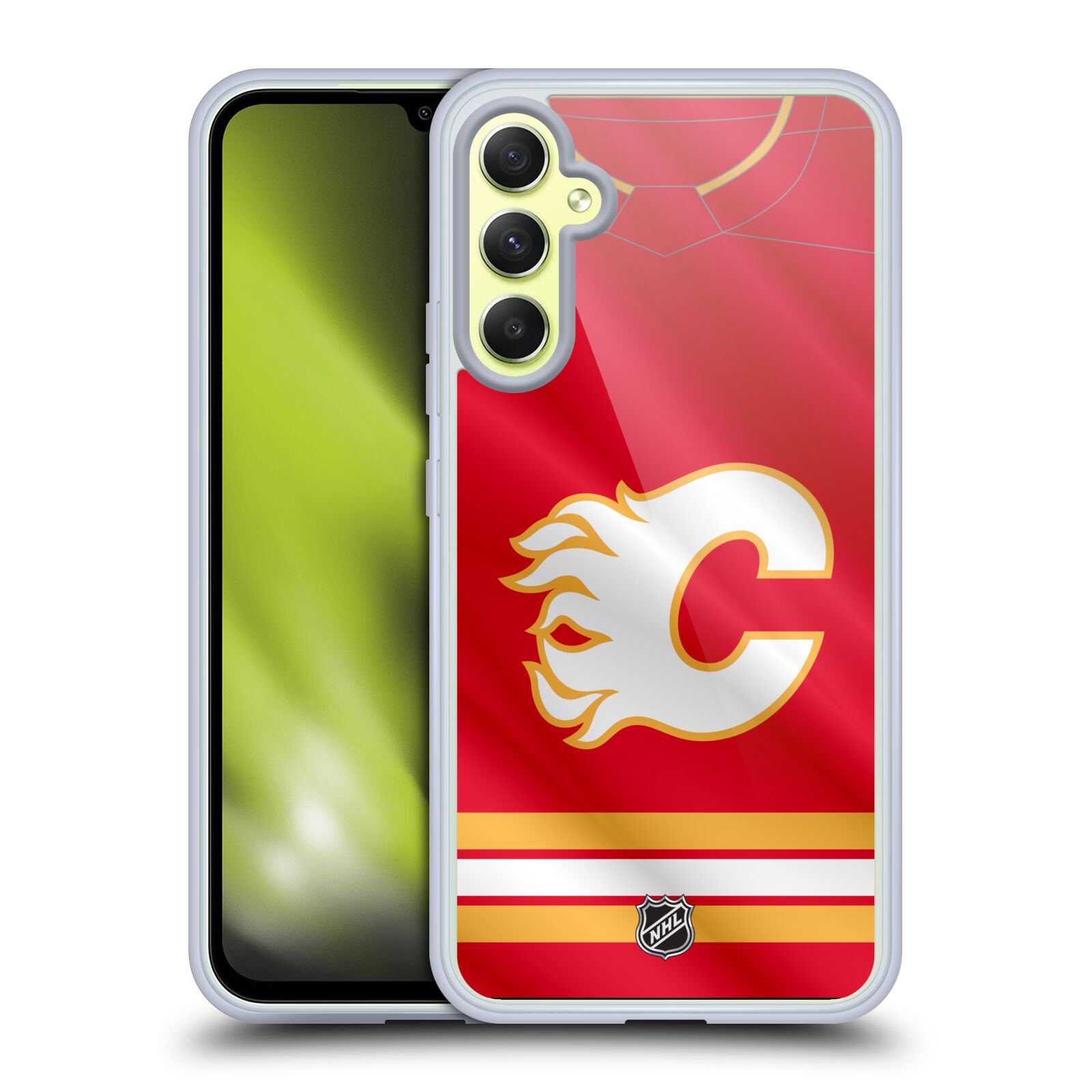 Silikonové pouzdro na mobil Samsung Galaxy A34 5G - NHL - Dres Calgary Flames (Silikonový kryt, obal, pouzdro na mobilní telefon Samsung Galaxy A34 5G s licencovaným motivem NHL - Dres Calgary Flames)
