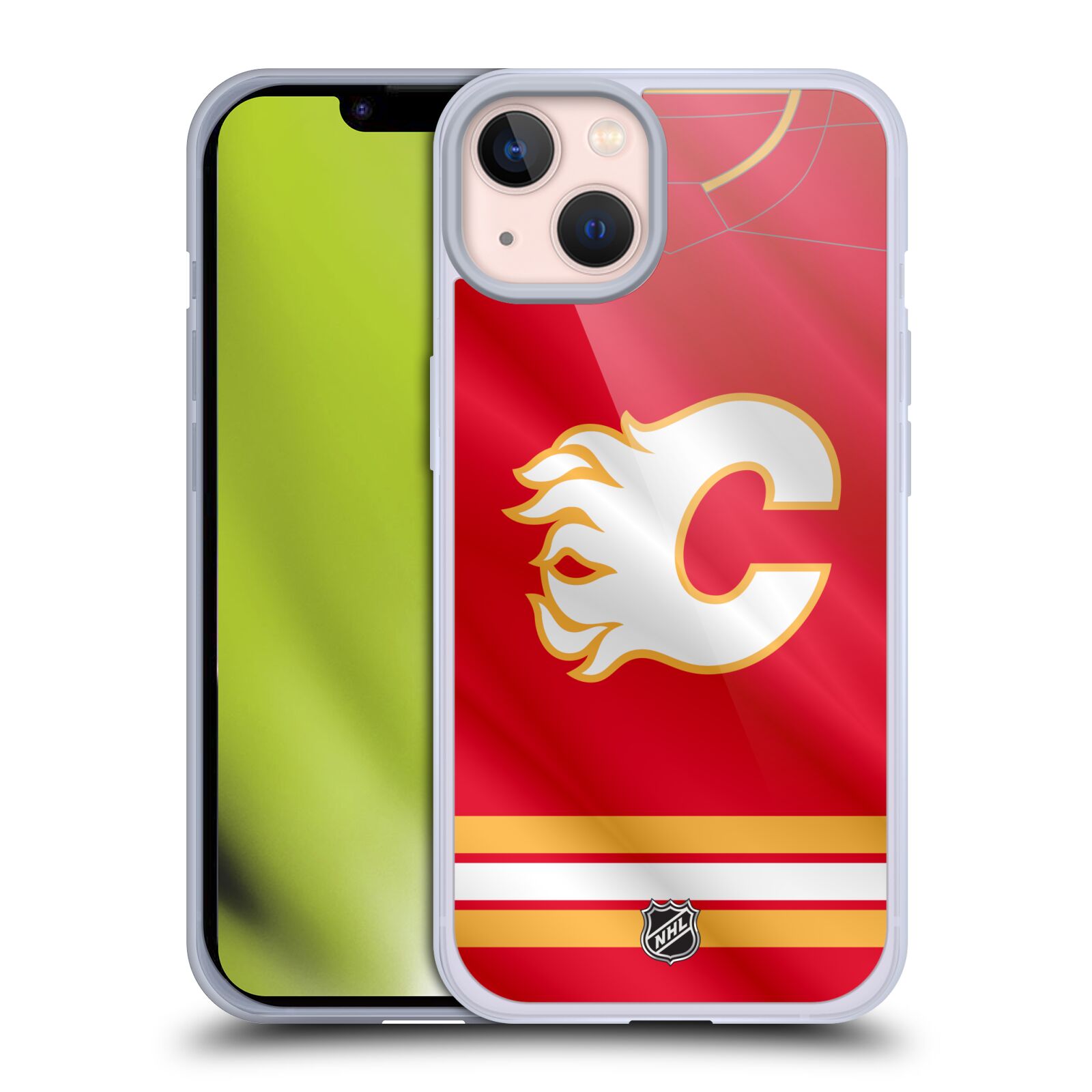 Silikonové pouzdro na mobil Apple iPhone 13 - NHL - Dres Calgary Flames (Silikonový kryt, obal, pouzdro na mobilní telefon Apple iPhone 13 s licencovaným motivem NHL - Dres Calgary Flames)