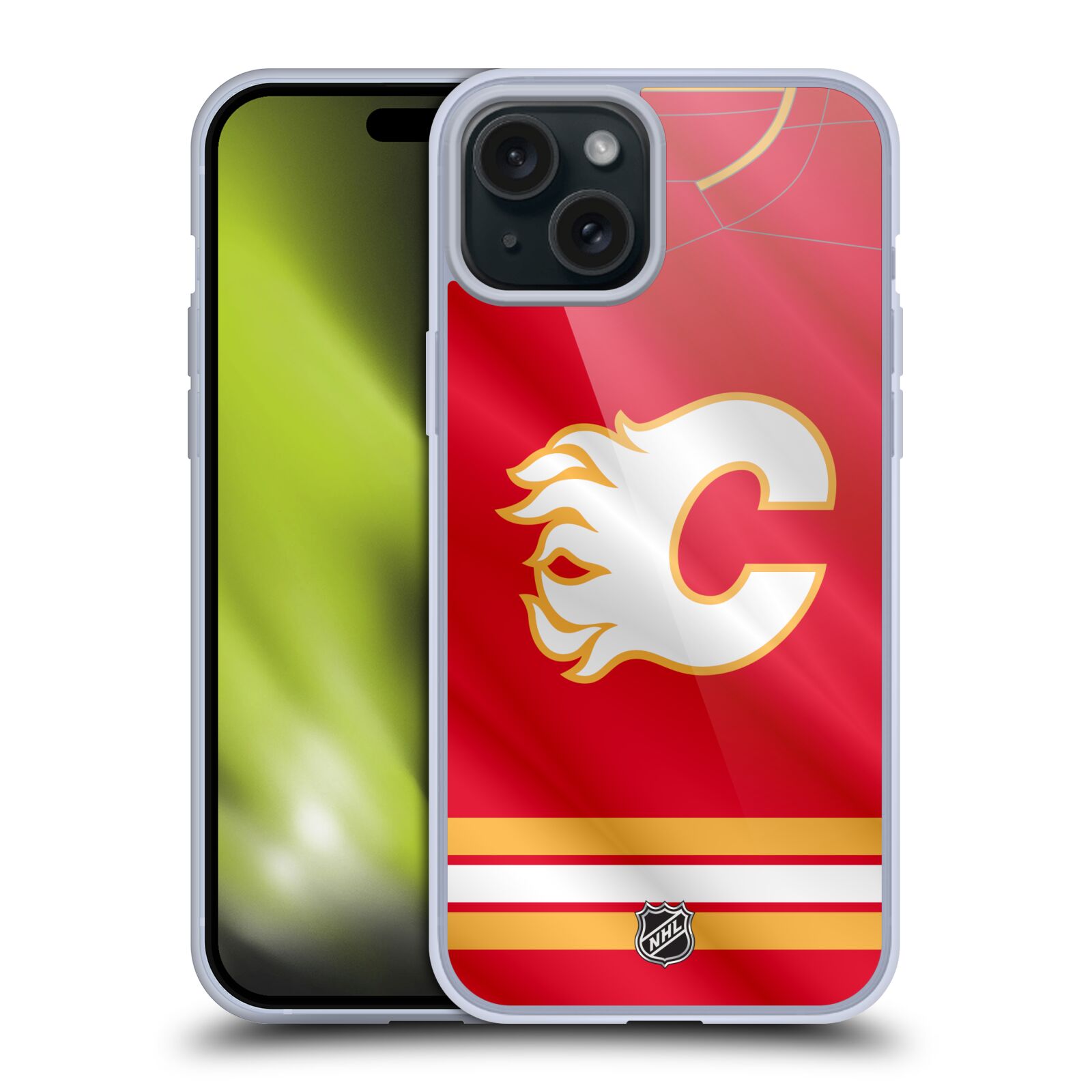 Silikonové lesklé pouzdro na mobil Apple iPhone 15 Plus - NHL - Dres Calgary Flames (Silikonový lesklý kryt, obal, pouzdro na mobilní telefon Apple iPhone 15 Plus s licencovaným motivem NHL - Dres Calgary Flames)