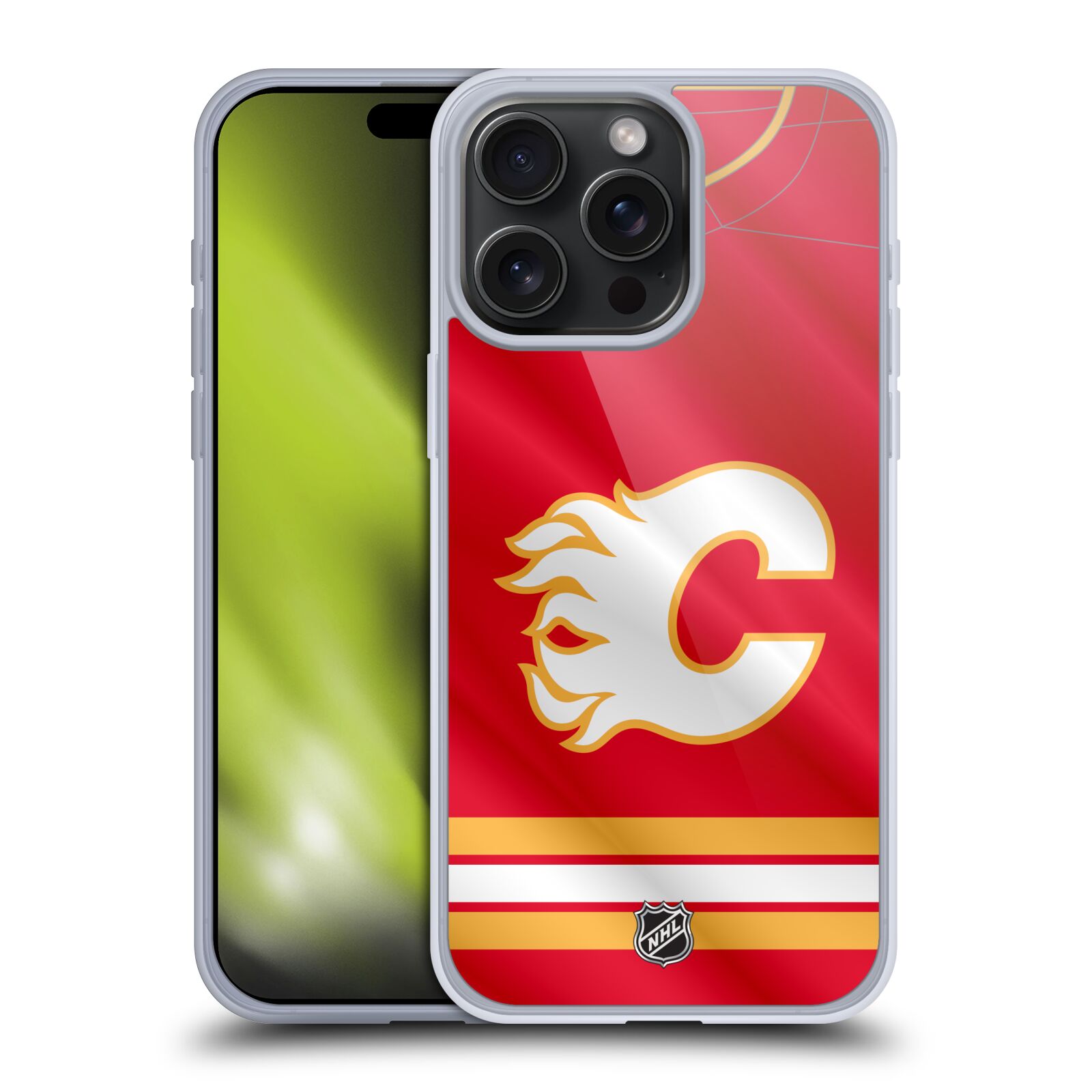 Silikonové lesklé pouzdro na mobil Apple iPhone 15 Pro Max - NHL - Dres Calgary Flames (Silikonový lesklý kryt, obal, pouzdro na mobilní telefon Apple iPhone 15 Pro Max s licencovaným motivem NHL - Dres Calgary Flames)