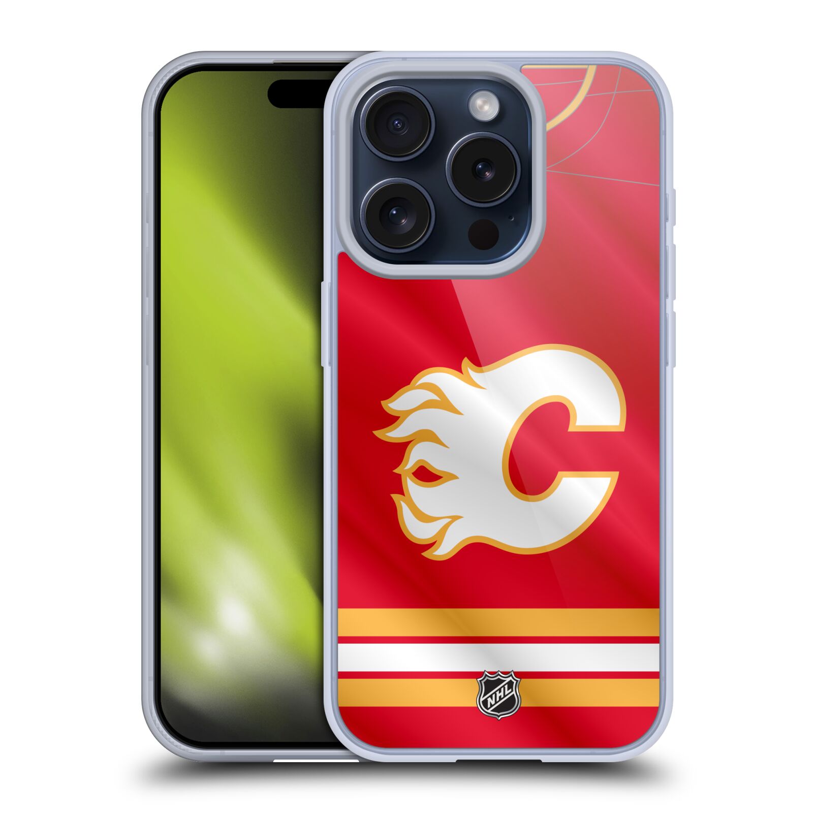Silikonové lesklé pouzdro na mobil Apple iPhone 15 Pro - NHL - Dres Calgary Flames (Silikonový lesklý kryt, obal, pouzdro na mobilní telefon Apple iPhone 15 Pro s licencovaným motivem NHL - Dres Calgary Flames)