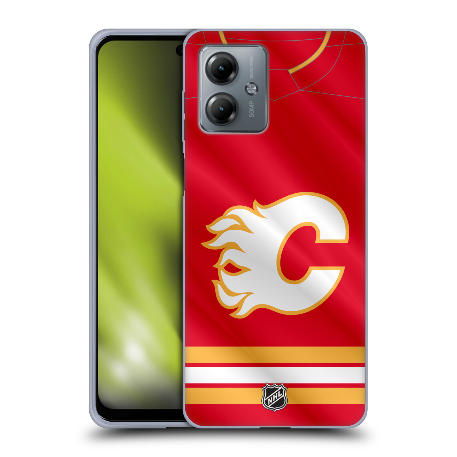 Silikonové pouzdro na mobil Motorola Moto G14 - NHL - Dres Calgary Flames (Silikonový kryt, obal, pouzdro na mobilní telefon Motorola Moto G14 s licencovaným motivem NHL - Dres Calgary Flames)